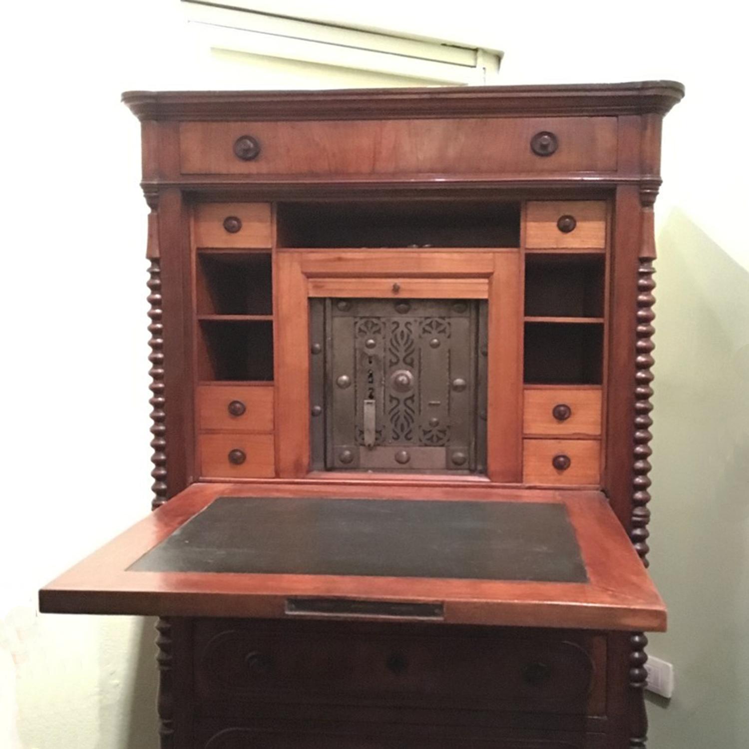 A Tuscan solid walnut wood fall front writing cabinet with safe, called 