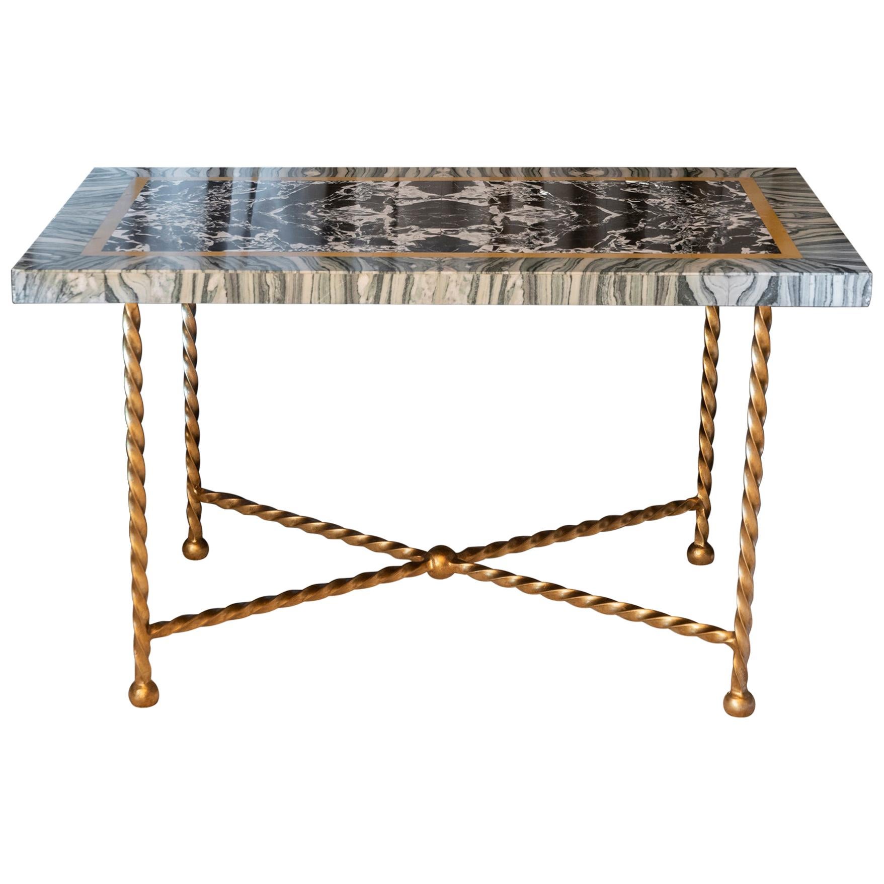 Late 19th Century Italian Marble Polychrome and Gilded Steel Base Desk/Console