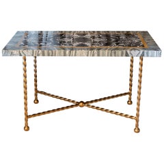 Antique Late 19th Century Italian Marble Polychrome and Gilded Steel Base Desk/Console