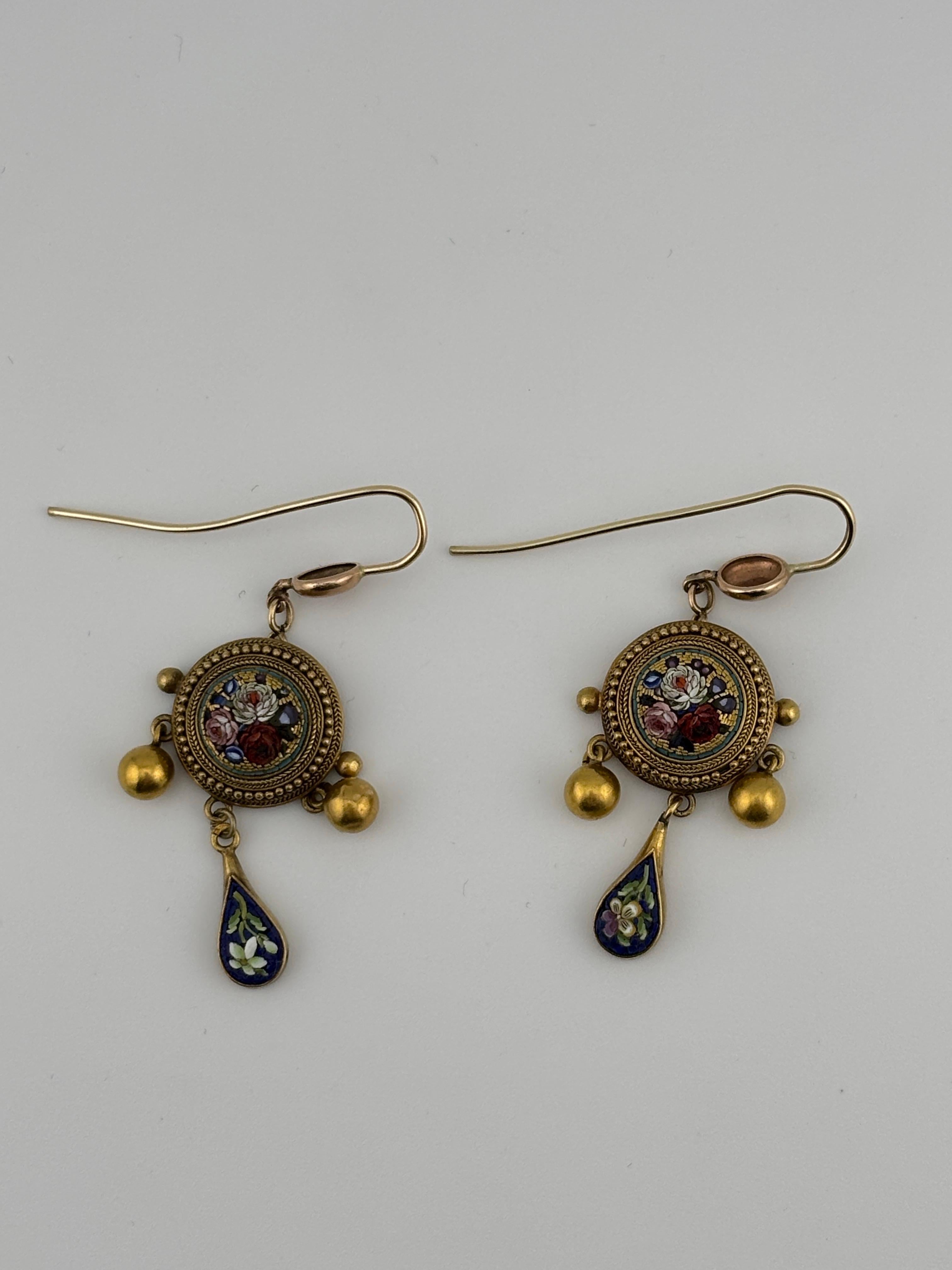 Late 19th Century Italian Micro Mosaic 18k Yellow Gold Chandelier Earrings For Sale 6