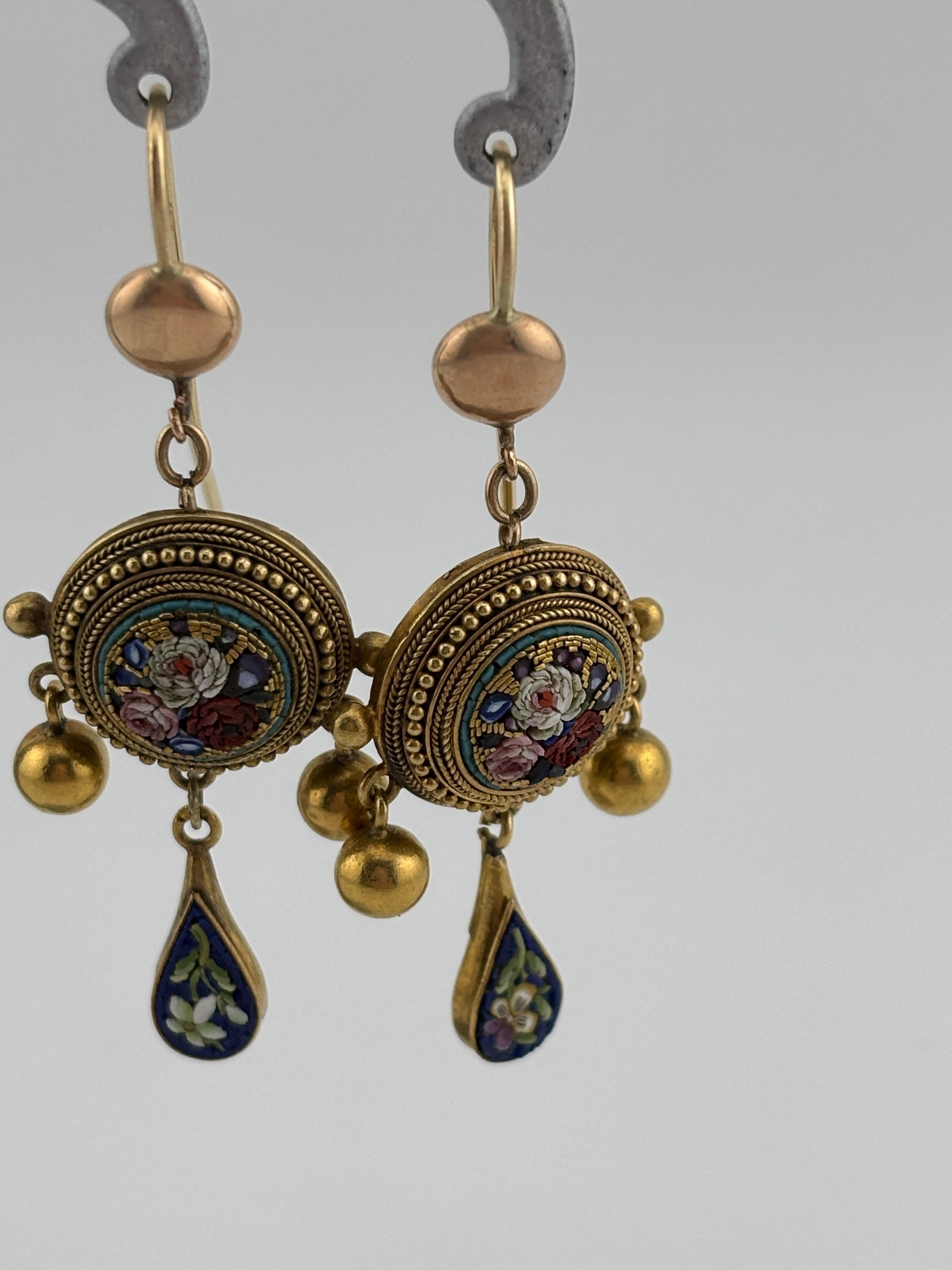 Late 19th Century Italian Micro Mosaic 18k Yellow Gold Chandelier Earrings For Sale 7