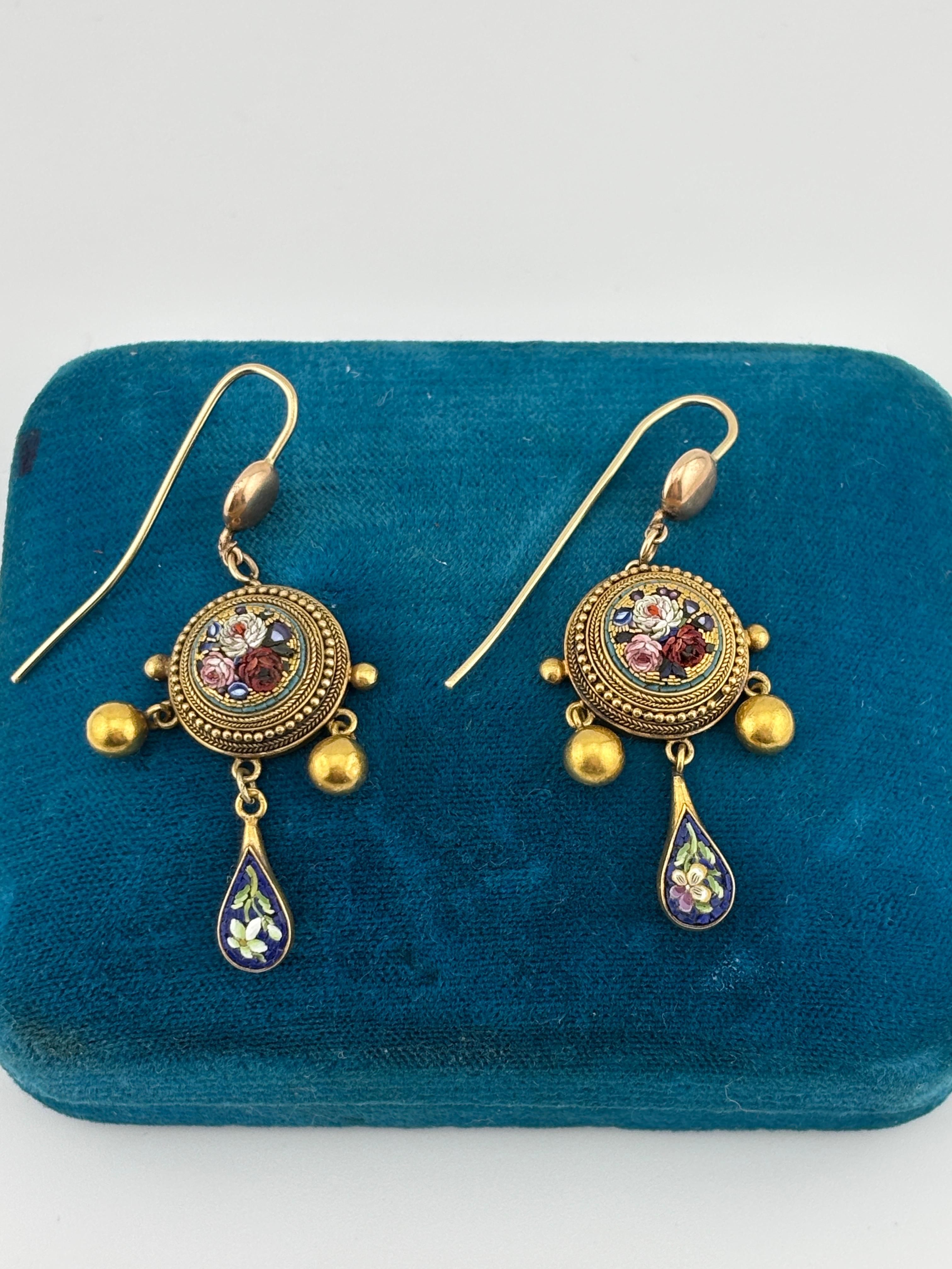 Dating back to approximately 1870's, these earrings are a true testament of craftsmanship and patience. Designed and handmade in Italy.
These Italian mosaic earrings offer a combination of classic artistry and modern elegance, making them a popular