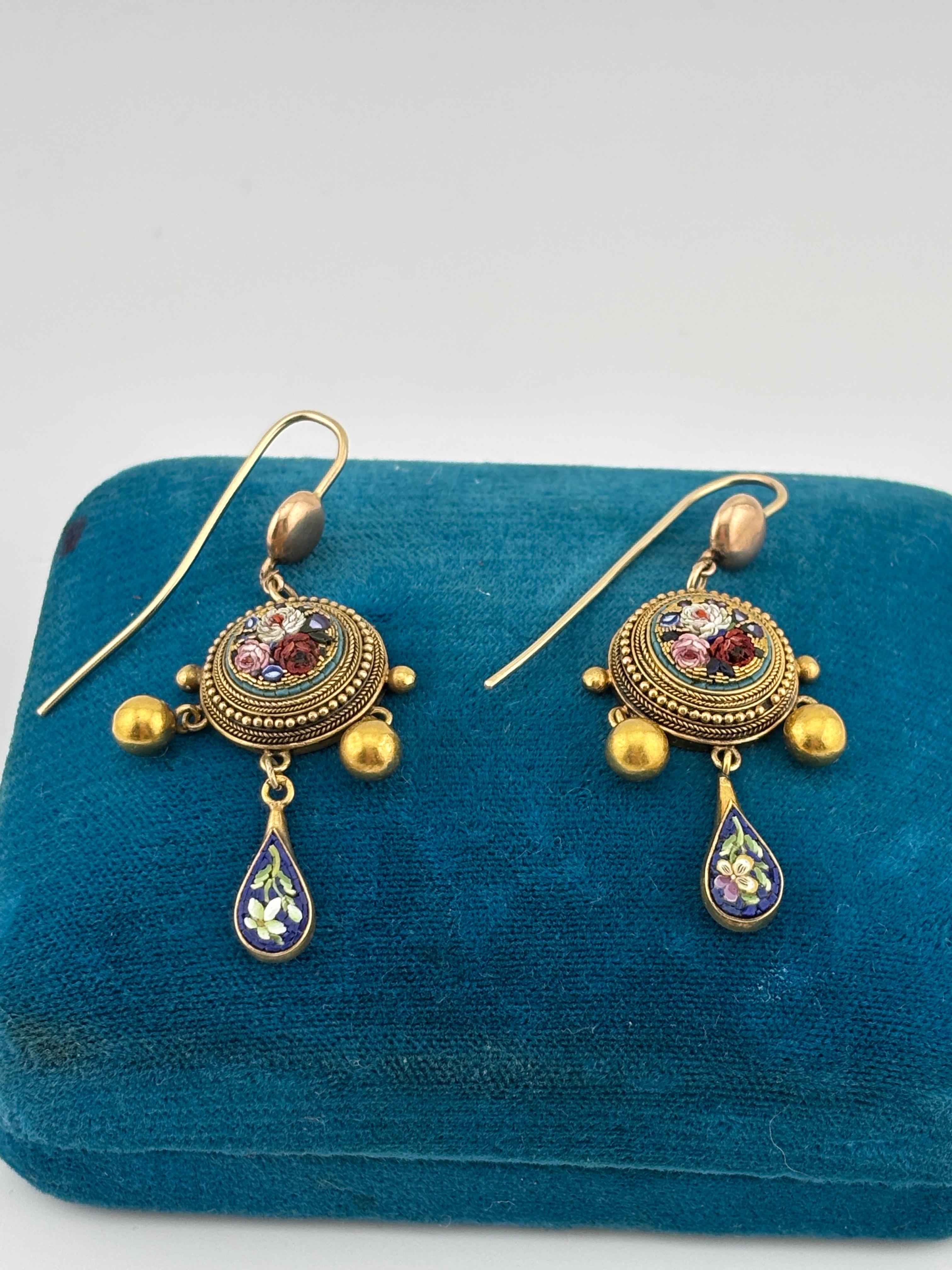 Late 19th Century Italian Micro Mosaic 18k Yellow Gold Chandelier Earrings For Sale 1