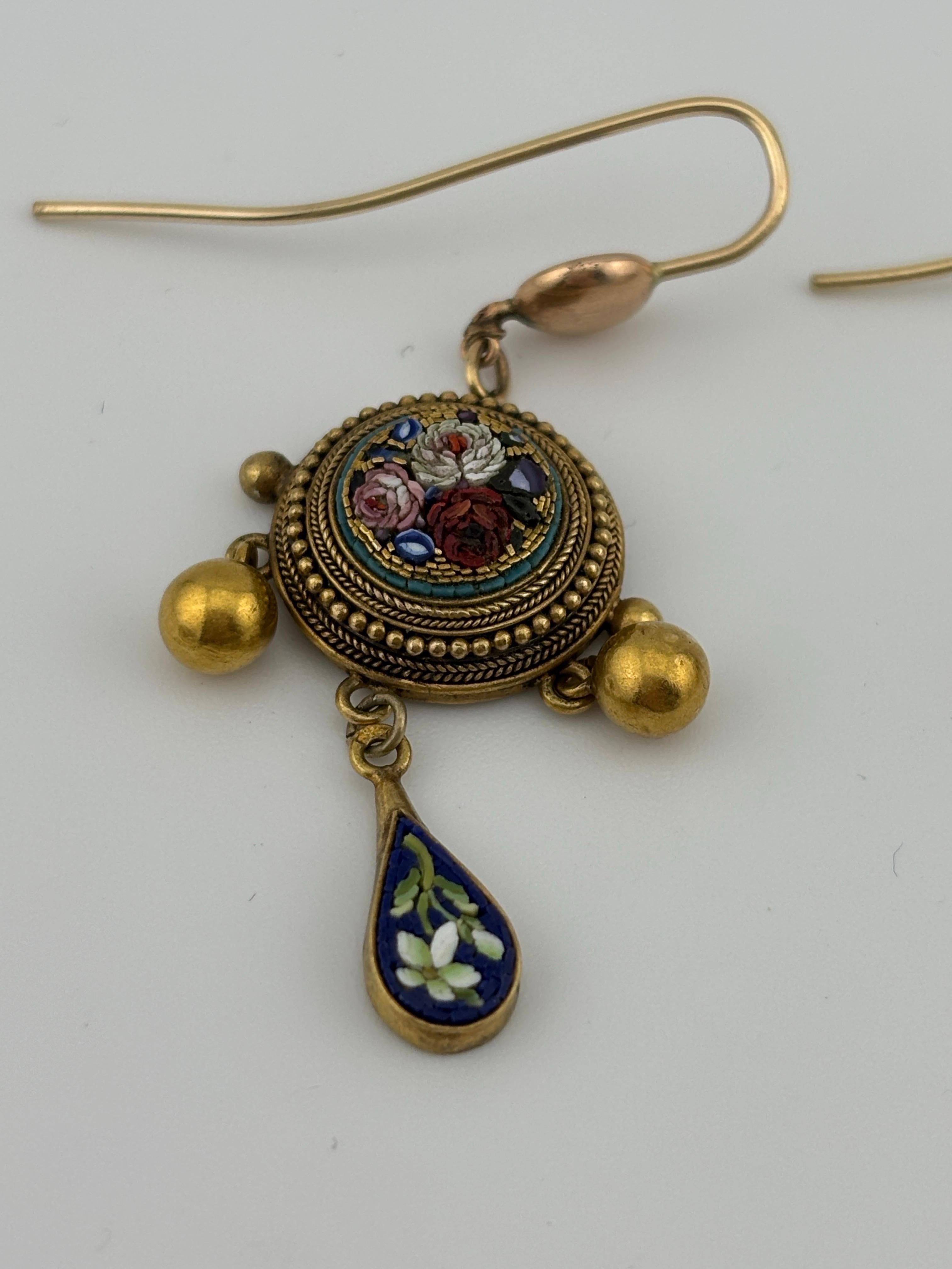 Late 19th Century Italian Micro Mosaic 18k Yellow Gold Chandelier Earrings For Sale 2
