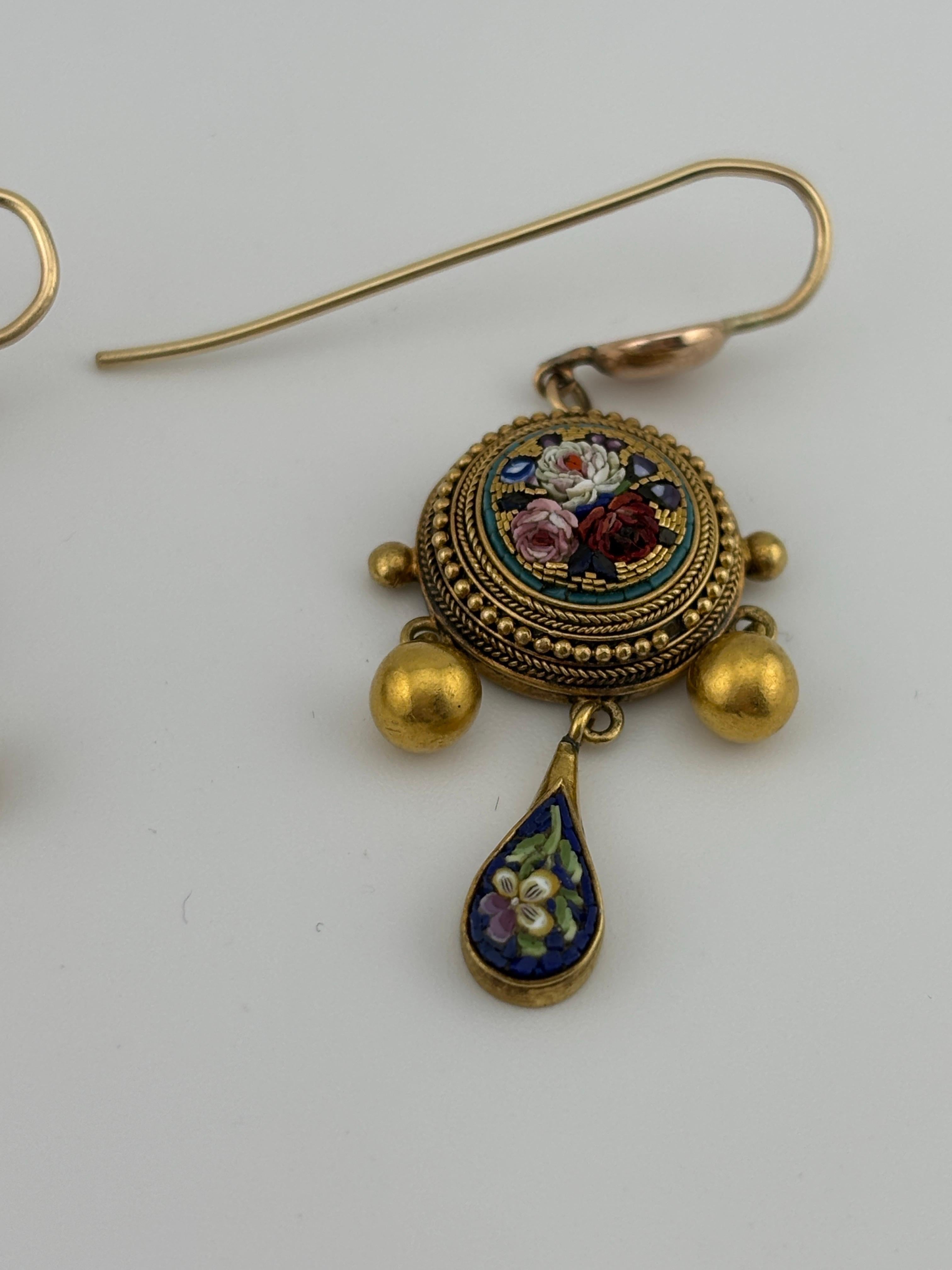 Late 19th Century Italian Micro Mosaic 18k Yellow Gold Chandelier Earrings For Sale 3