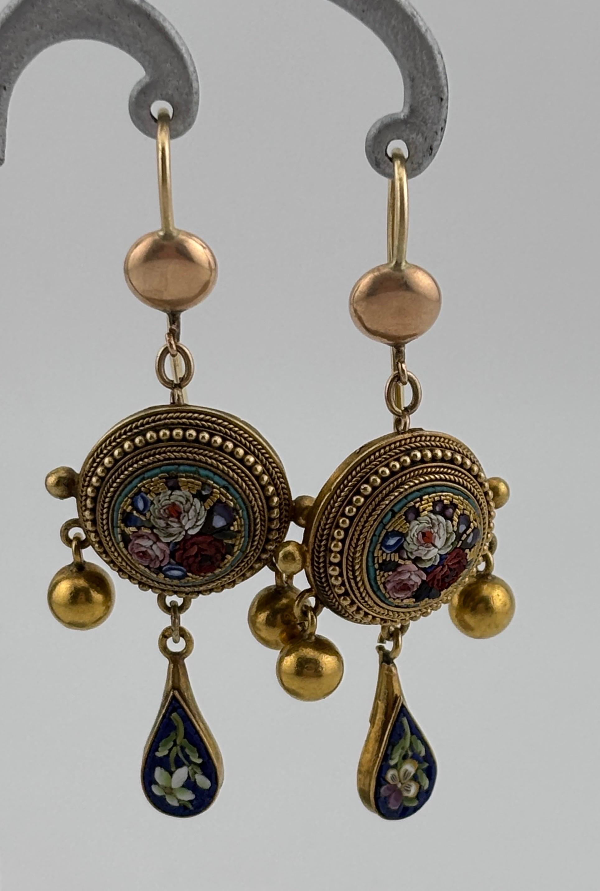Late 19th Century Italian Micro Mosaic 18k Yellow Gold Chandelier Earrings For Sale 5