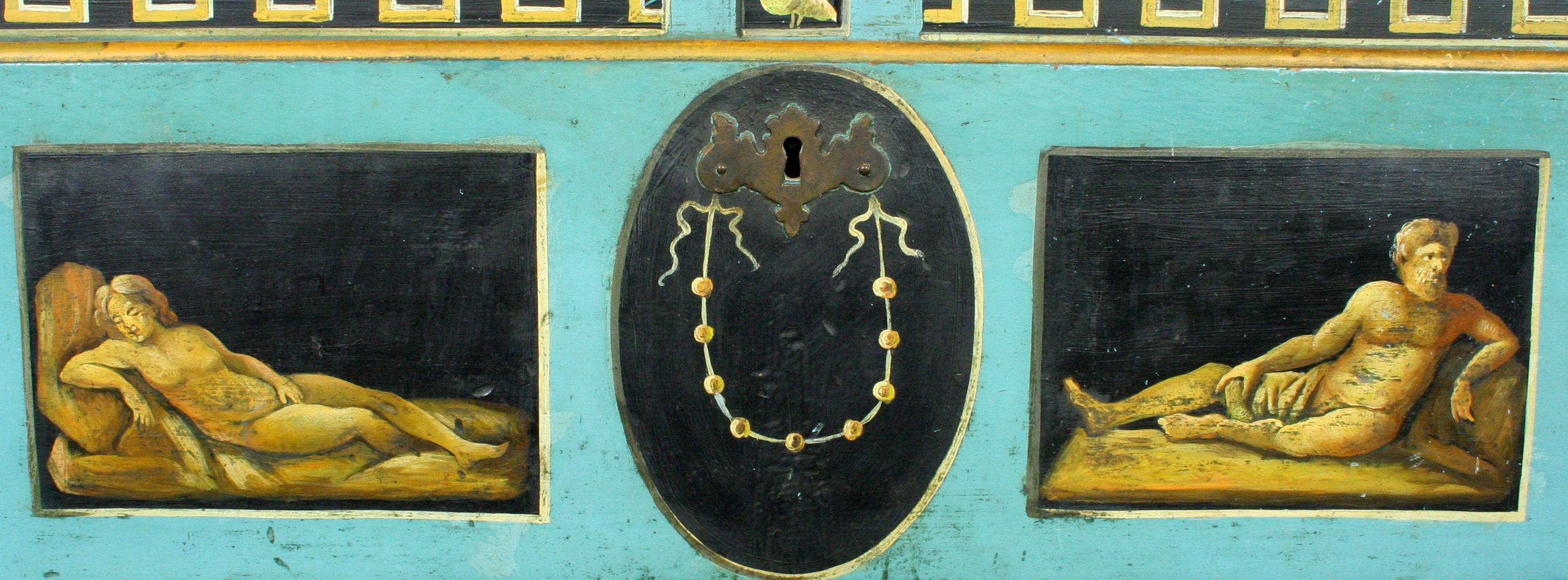 Late 19th century Italian neoclassical aqua blue hand painted and decorated two drawer chest or commode. Hand painted faux marble top, Greek key design and neoclassical urns and images. Brilliant aqua, black and gold gilt decoration. Truly a work of
