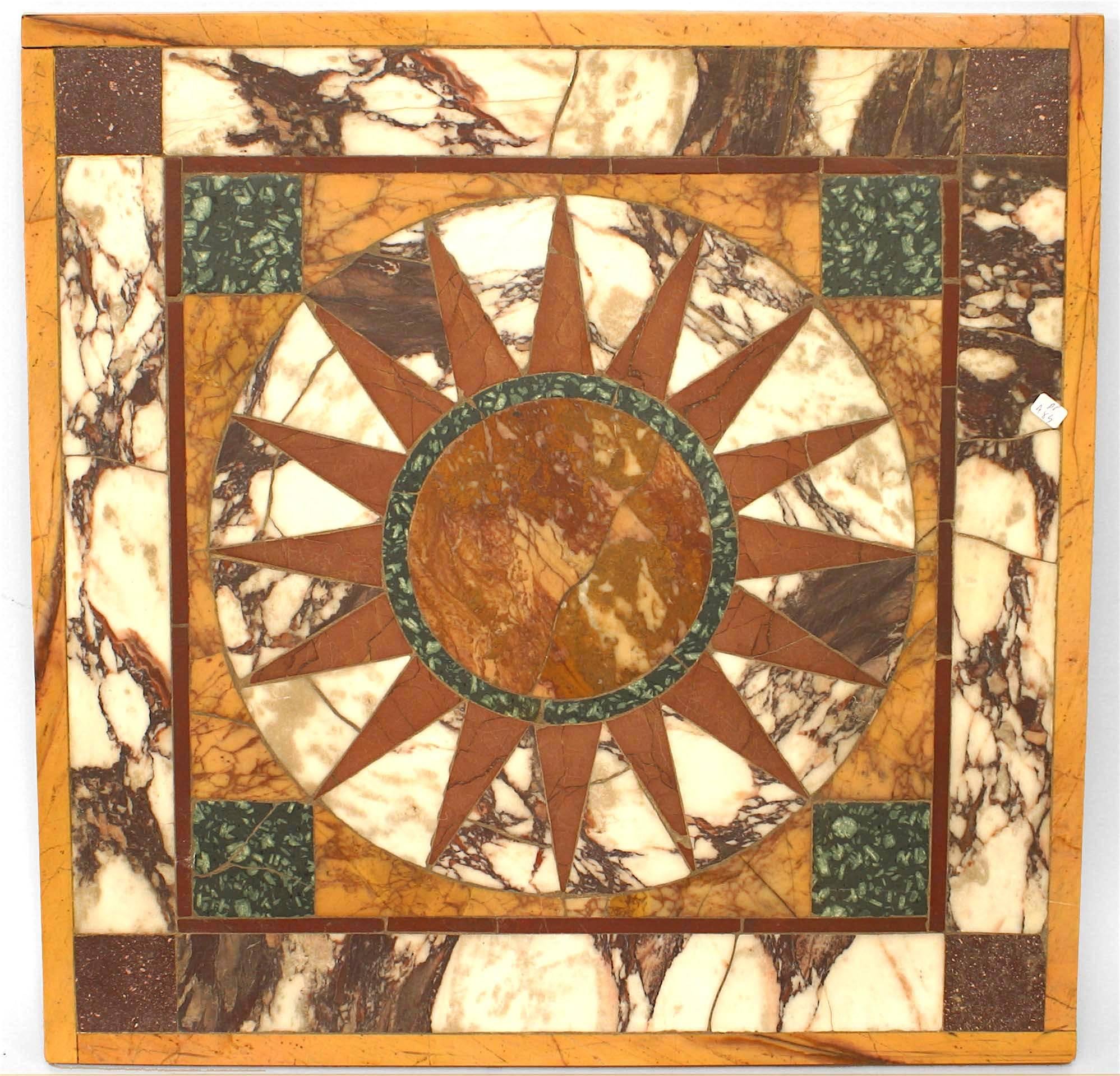 Italian Neo-classic square marble table with radiating center and alternating various colored marbles resting on a painted iron pedestal base (Related Item: PPA095)
