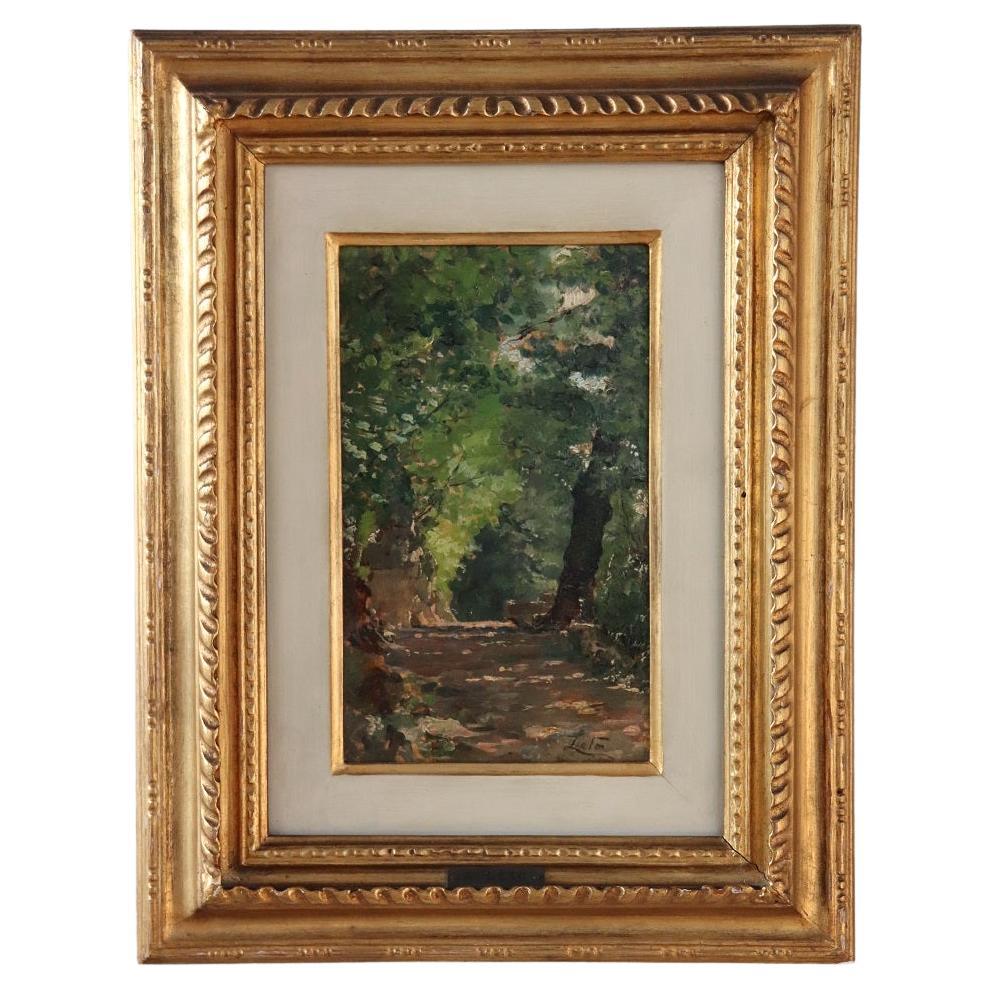Pittura a olio su tavola della fine del XIX secolo, Sentiero nel Wood, firmata in vendita