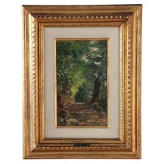 Óleo italiano de finales del siglo XIX sobre tabla, Sendero en el bosque, firmado