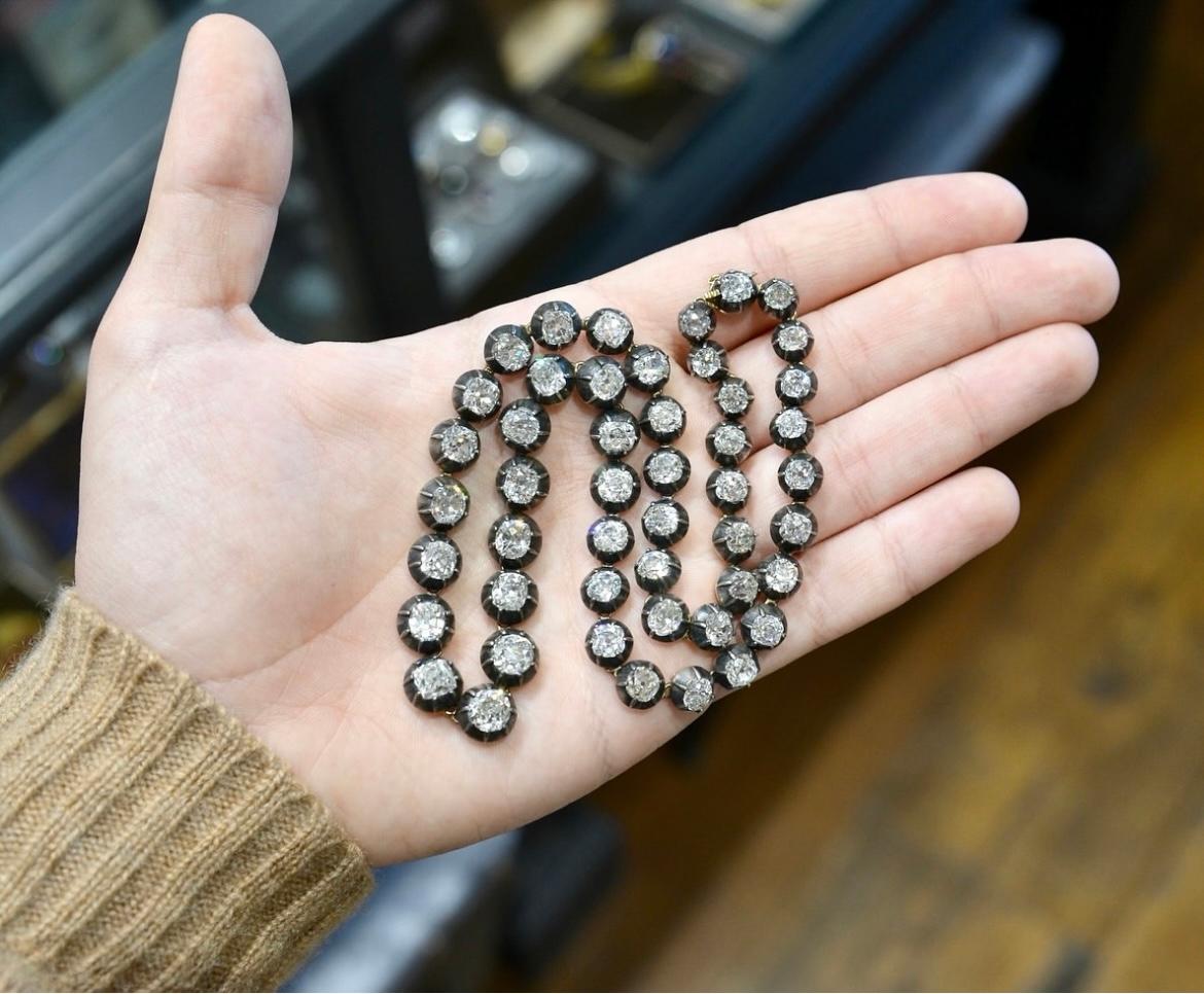 Late 19th Century Italian Old Cut Diamond Riviere Necklace Circa 1870 For Sale 2