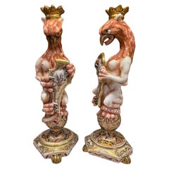 Antique Capodimonte, 19th Century Italian Pair of Majolica Griffons