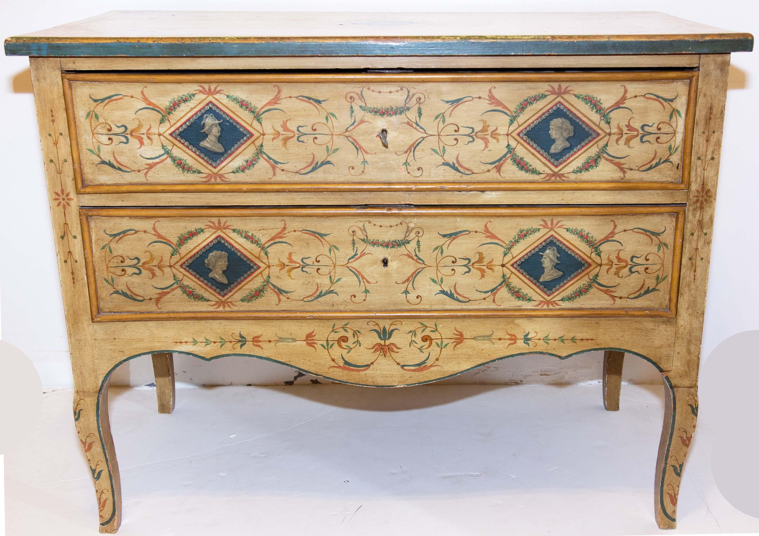 19th century painted two-drawer commode. Original painted surfaces. Wonderful color and a great size.
 