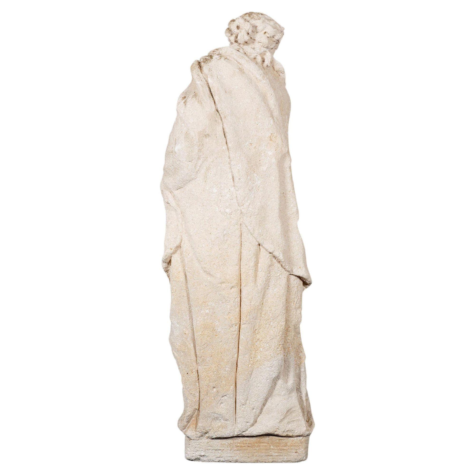 Mesmerizing Late 19th Century Italian poured stone life-size statue that encapsulates the essence of beauty, abundance, and elegance. This magnificent sculpture showcases a graceful woman draped in a flowing robe while holding a hand-full harvest of