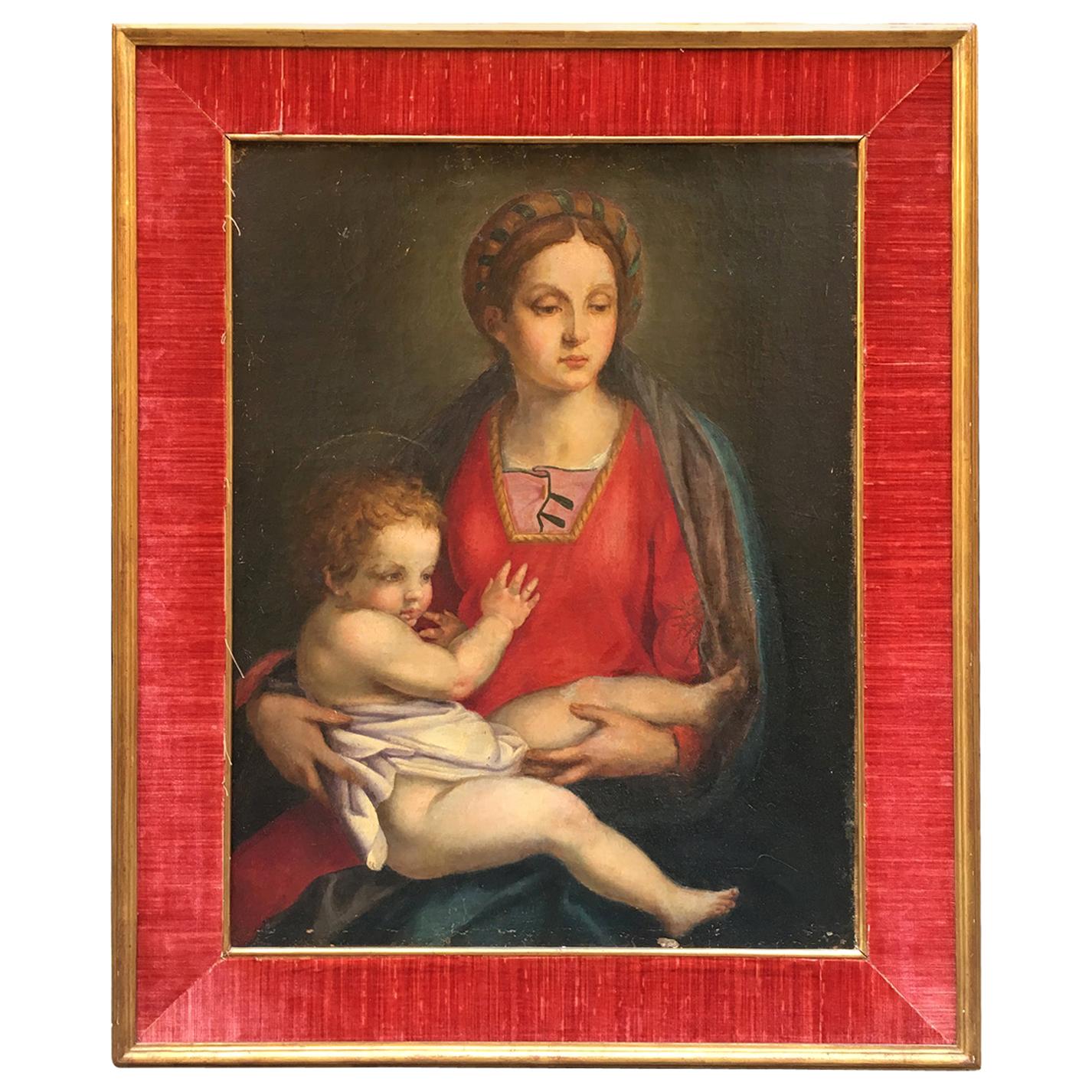 Late 19th Century Italian Renaissance Oil on Canvas Painting "Virgin and Child" For Sale