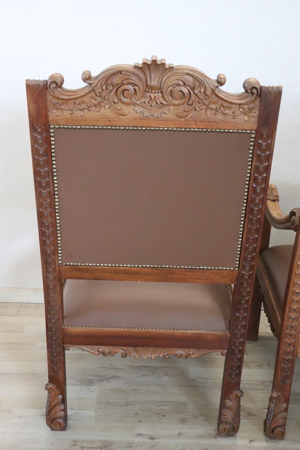 Late 19th Century Italian Renaissance Style Carved Walnut Pair of Throne Chairs For Sale 7