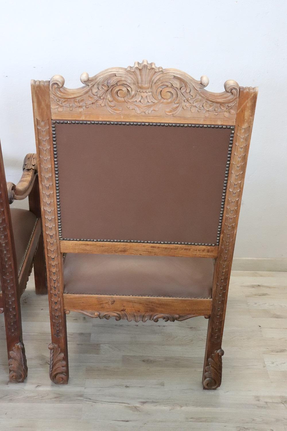 Late 19th Century Italian Renaissance Style Carved Walnut Pair of Throne Chairs For Sale 8