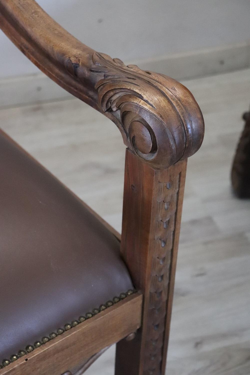 Faux Leather Late 19th Century Italian Renaissance Style Carved Walnut Pair of Throne Chairs For Sale