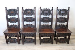 Antique Late 19th Century Italian Renaissance Style Carved Walnut Set of 4 Chairs