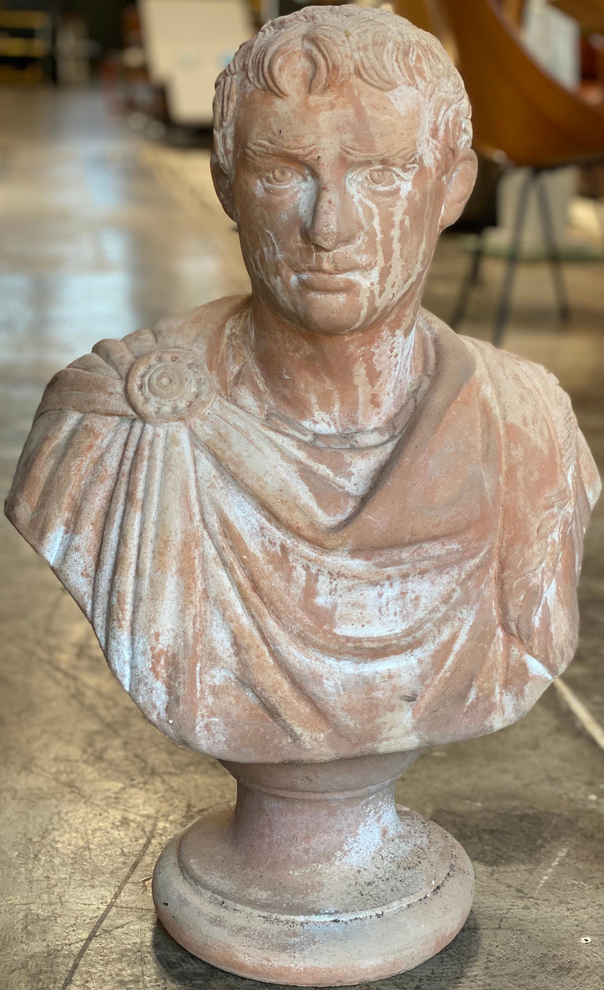 Emperor Augustus Caesar, Roman statesman and military leader, first Emperor of the Roman Empire, captured in an impressive bust: hand-sculpted detail of old well-patinated terracotta from Impruneta, Florence, circa 1890.