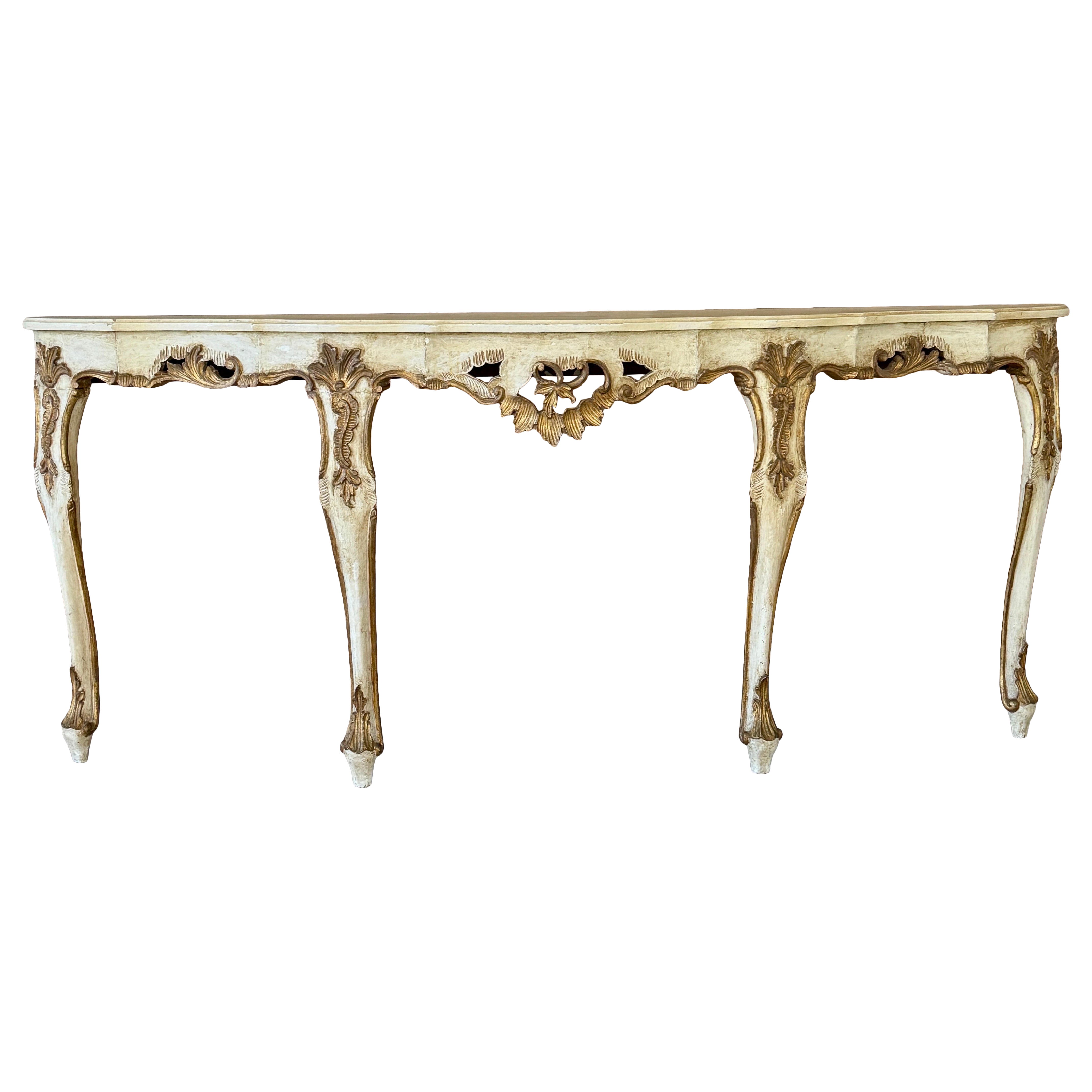 Table console italienne Rocco de la fin du 19e siècle, sculptée à la main en bois doré et peinte