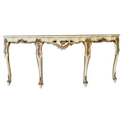 Table console italienne Rocco de la fin du 19e siècle, sculptée à la main en bois doré et peinte