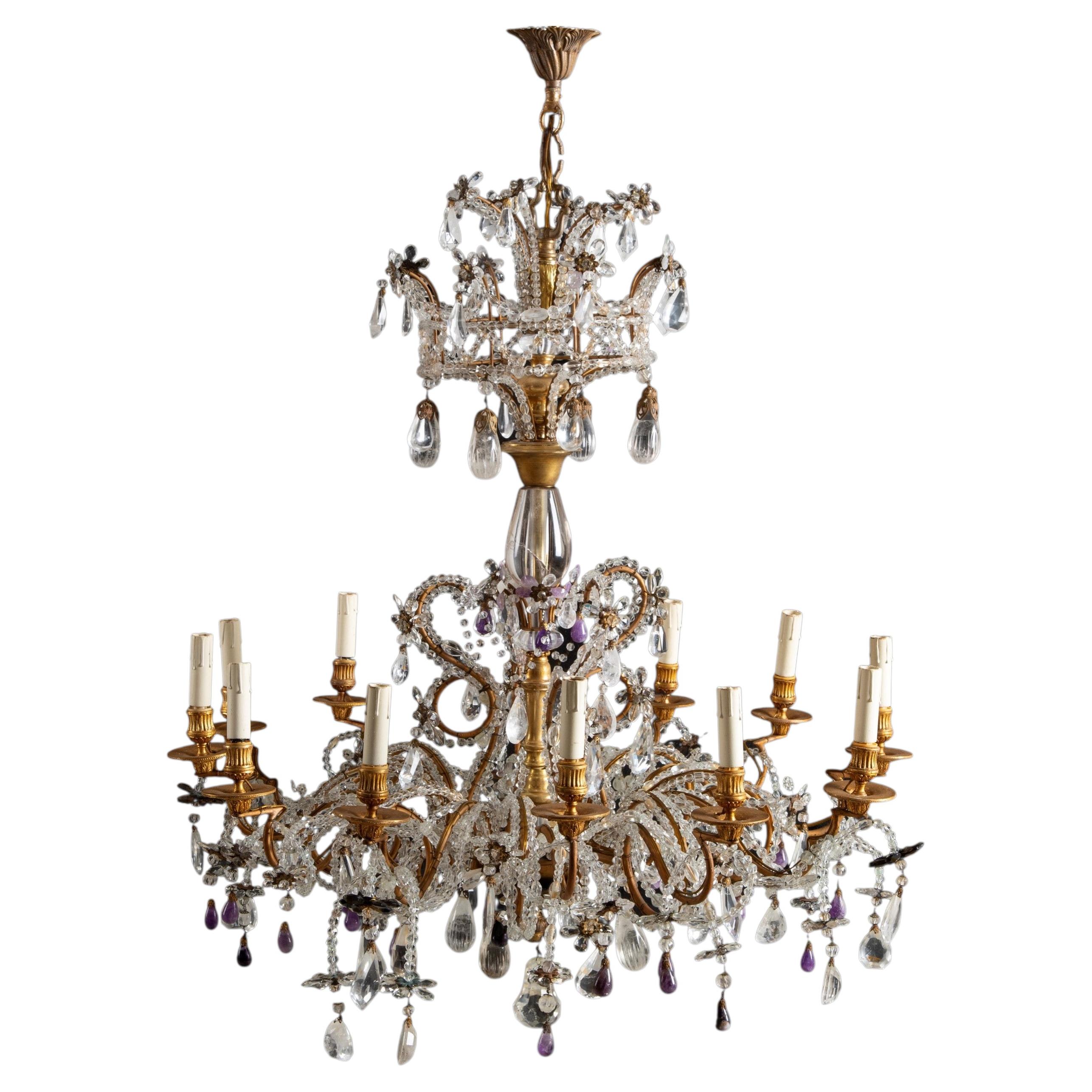 Late 19th Century Italian Rock Crystal and Amethyst Twelve-Light Chandelier