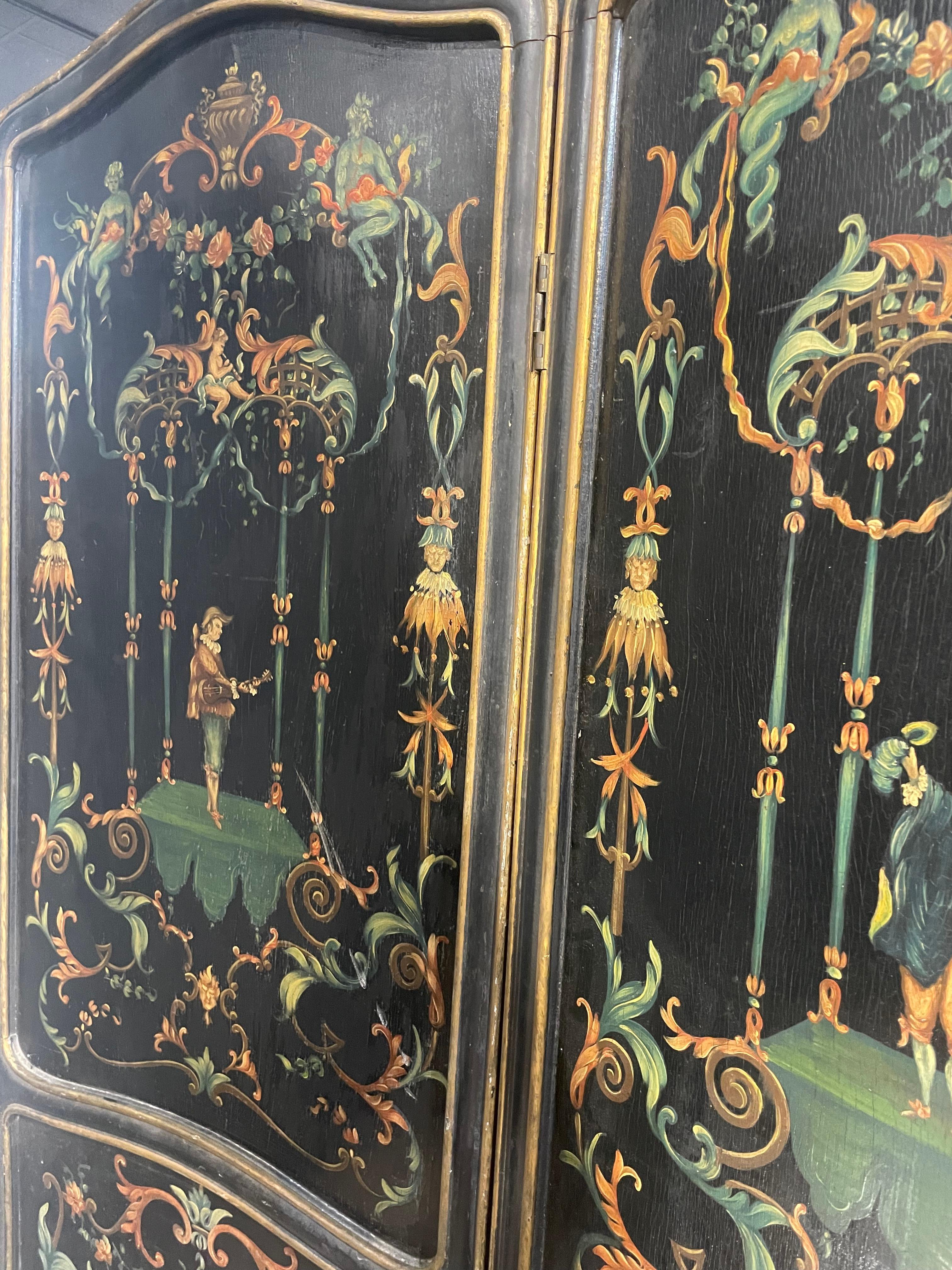 Late 19th Century Italian Screen Four Panels Paint on Wood In Good Condition For Sale In palm beach, FL