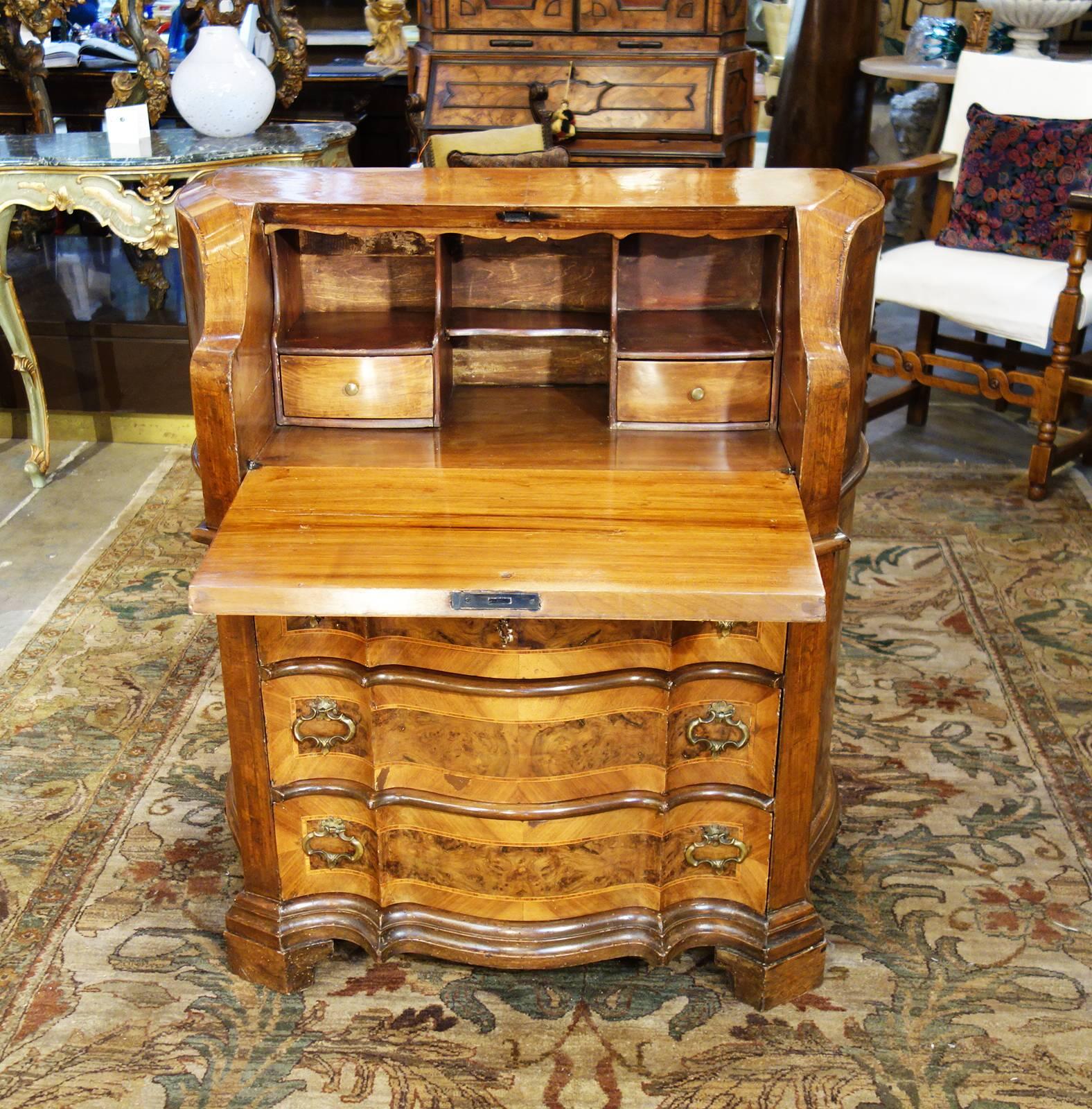 Hand-Crafted Late 19th Century Italian Walnut Burl Inlaid Louis XIV Secretary Drop Leaf Desk For Sale