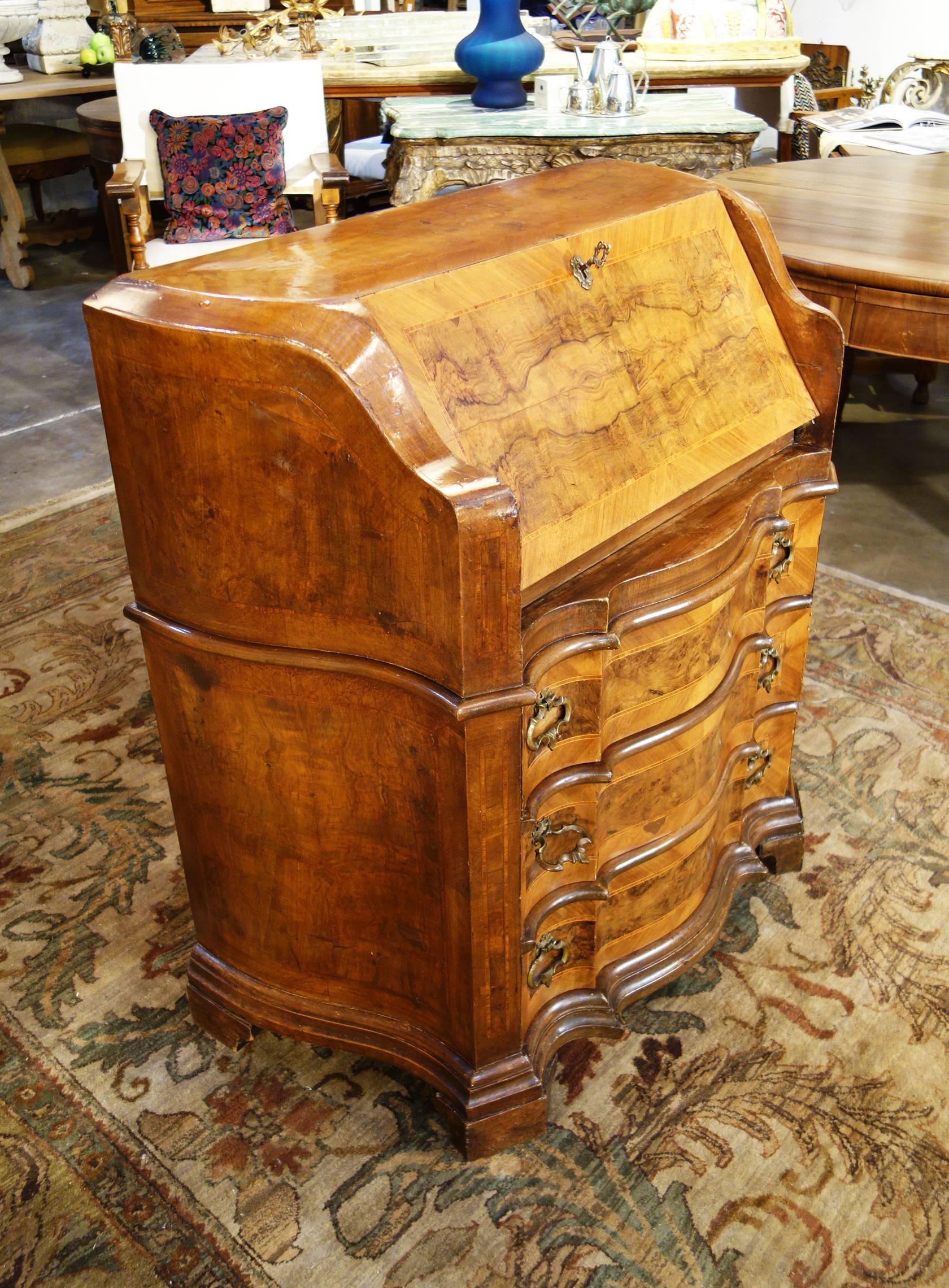 Late 19th Century Italian Walnut Burl Inlaid Louis XIV Secretary Drop Leaf Desk For Sale 1