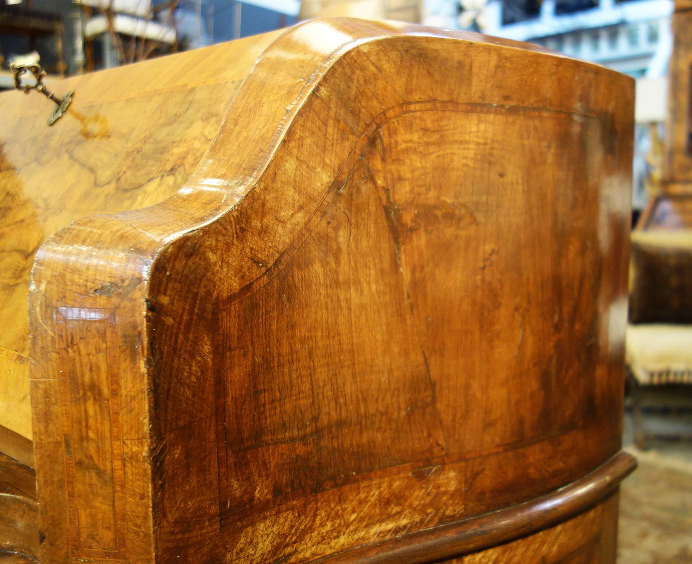 Late 19th Century Italian Walnut Burl Inlaid Louis XIV Secretary Drop Leaf Desk For Sale 4