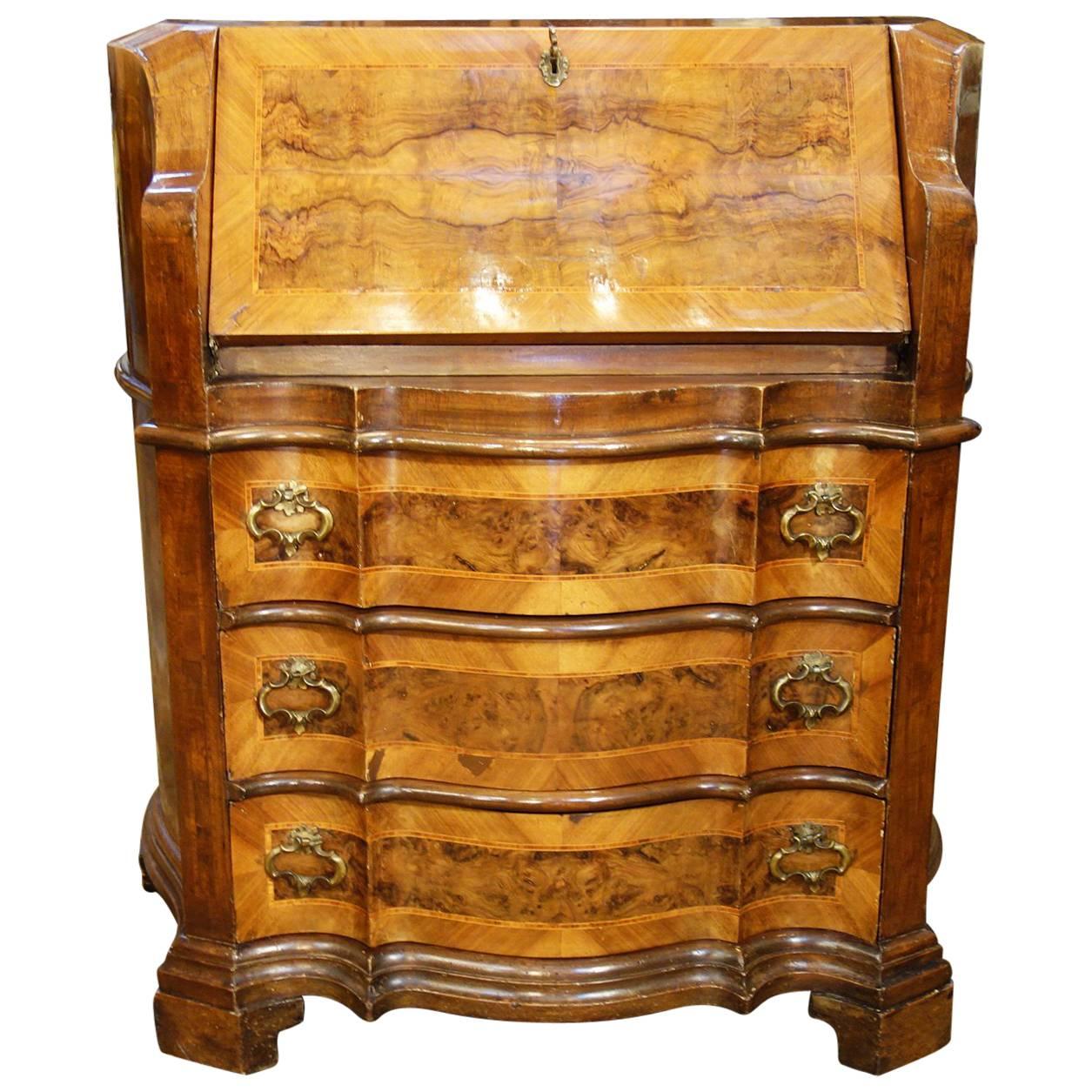 Late 19th Century Italian Walnut Burl Inlaid Louis XIV Secretary Drop Leaf Desk For Sale
