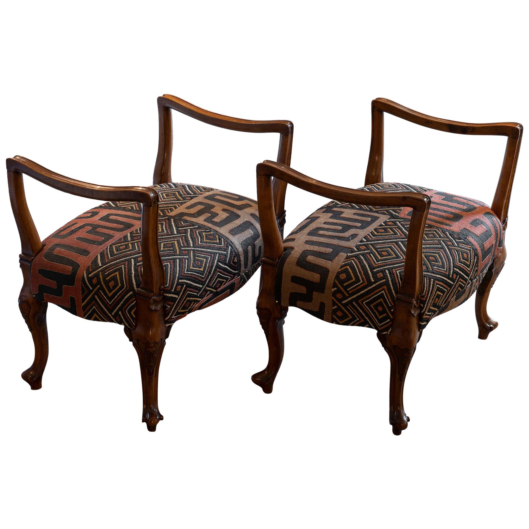 Late 19th Century Italian Walnut Stools African Woven Upholstery