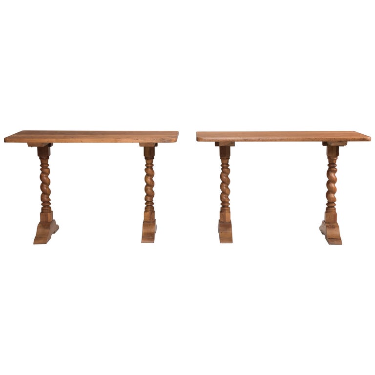 Late 19th Century Italian Walnut Wood Spool Legs Table Consoles For