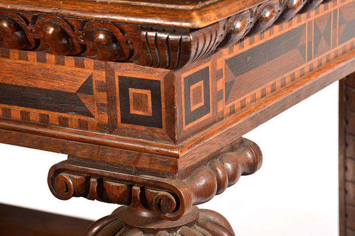 English 19th Century Oak Jacobean Style Three Tier Rosewood & Satinwood Inlaid Buffet For Sale
