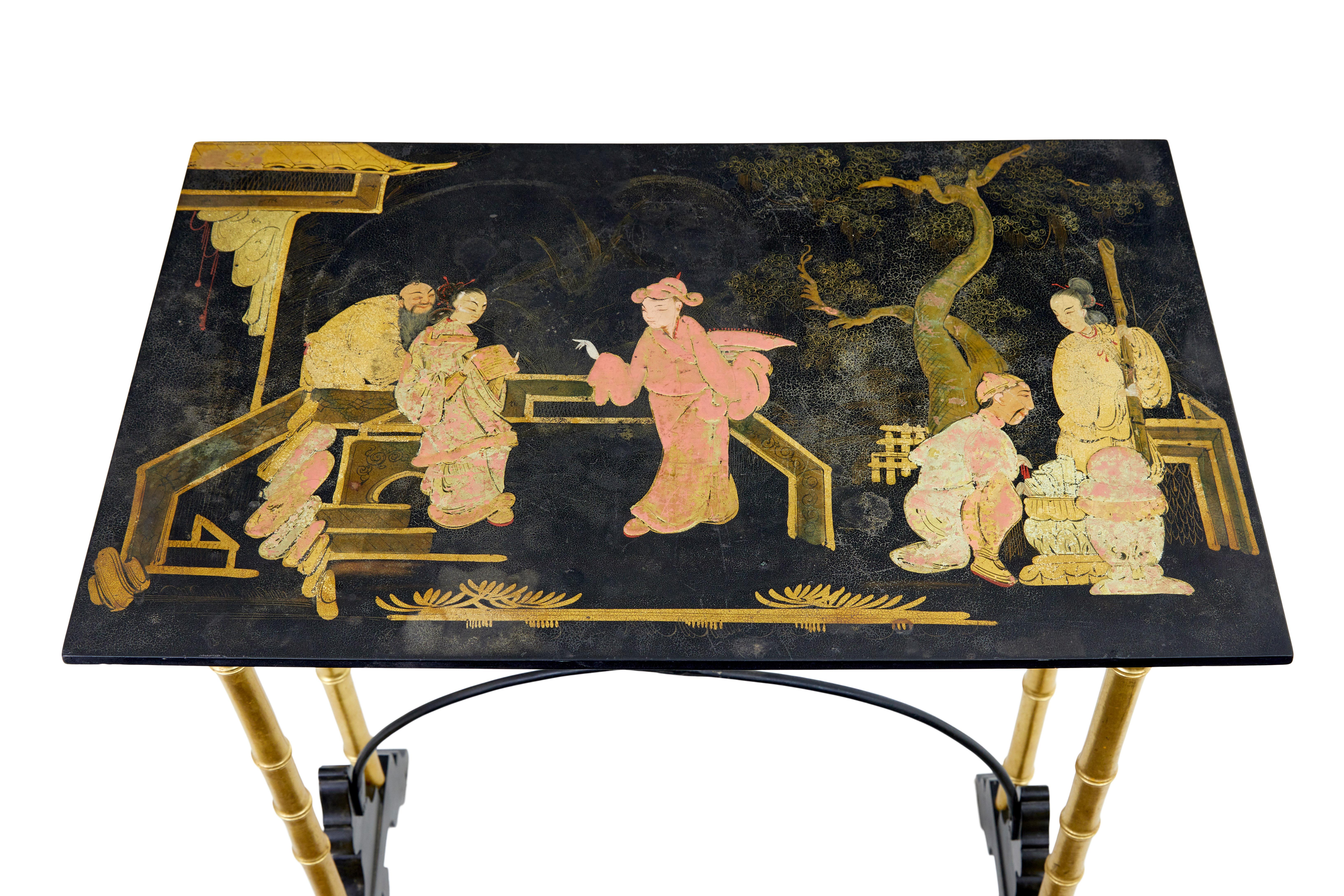 Late 19th century Japanese black lacquer and gilt occasional table, circa 1890.

Good quality sewing table. Gilt and painted traditional scene to the top. Single drawer to the front. Hand painted florals to the sides and feet, gilt faux bamboo