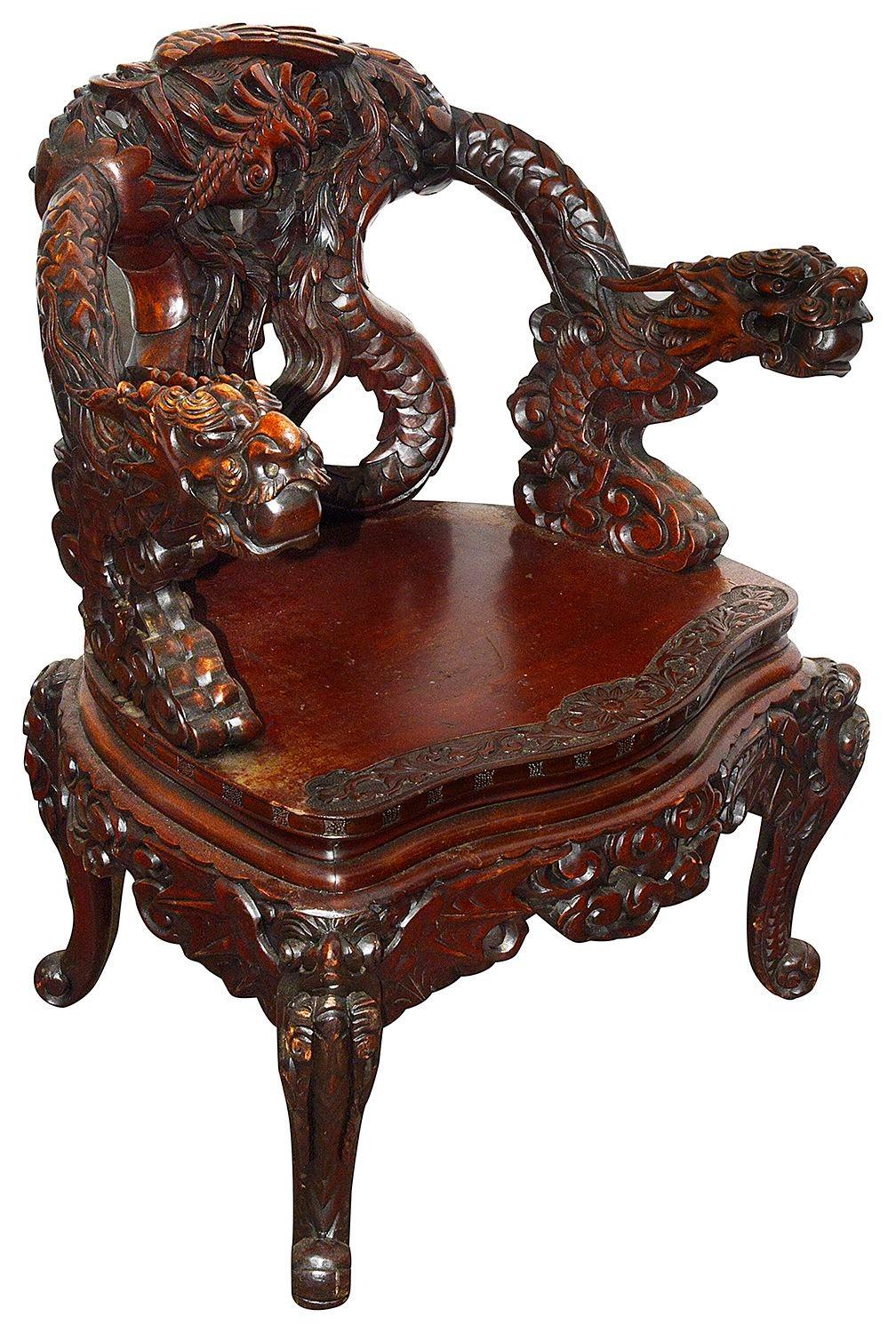 Chinoiserie Late 19th Century Japanese carved wood arm chair For Sale