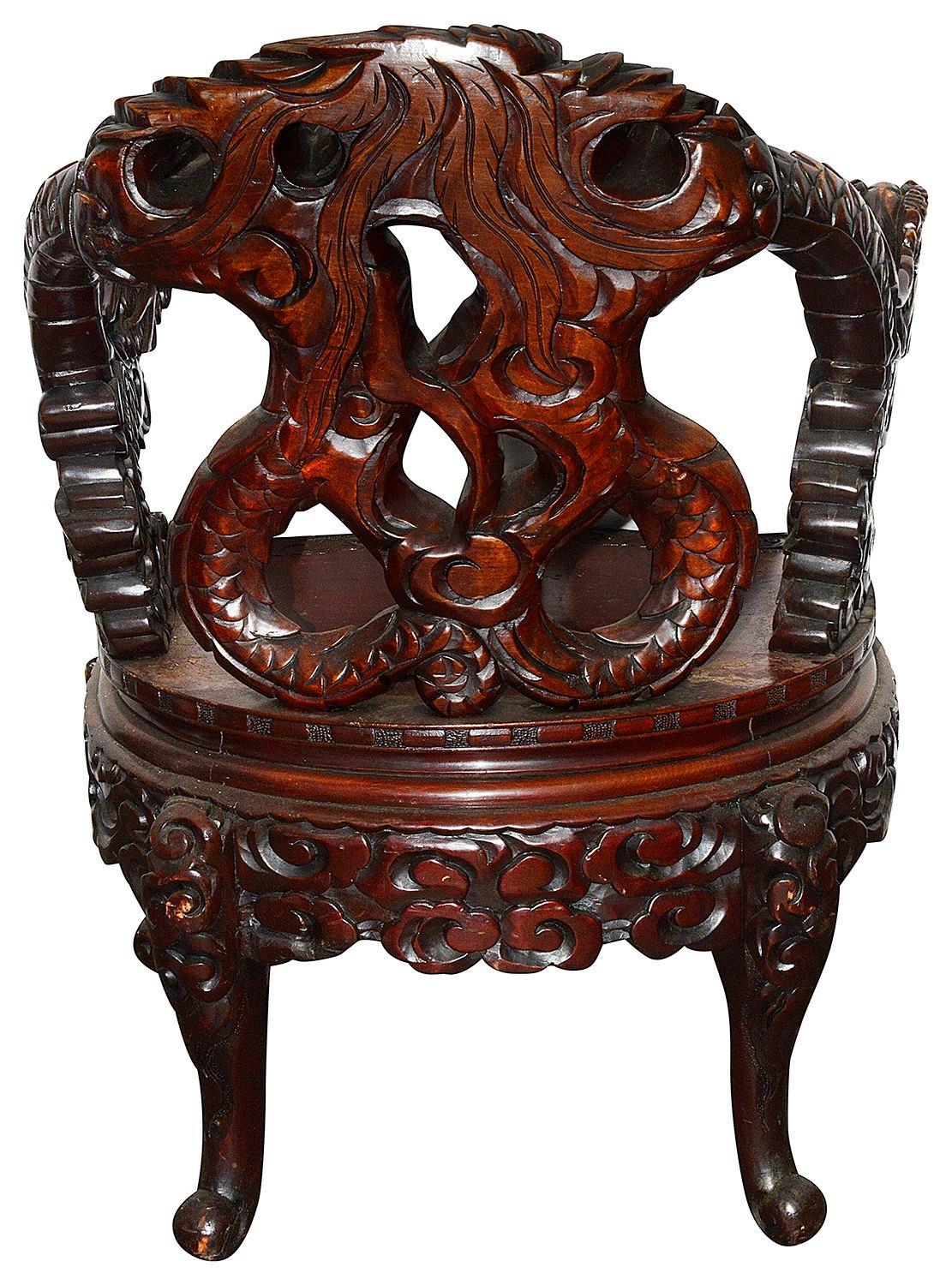 Hand-Carved Late 19th Century Japanese carved wood arm chair For Sale