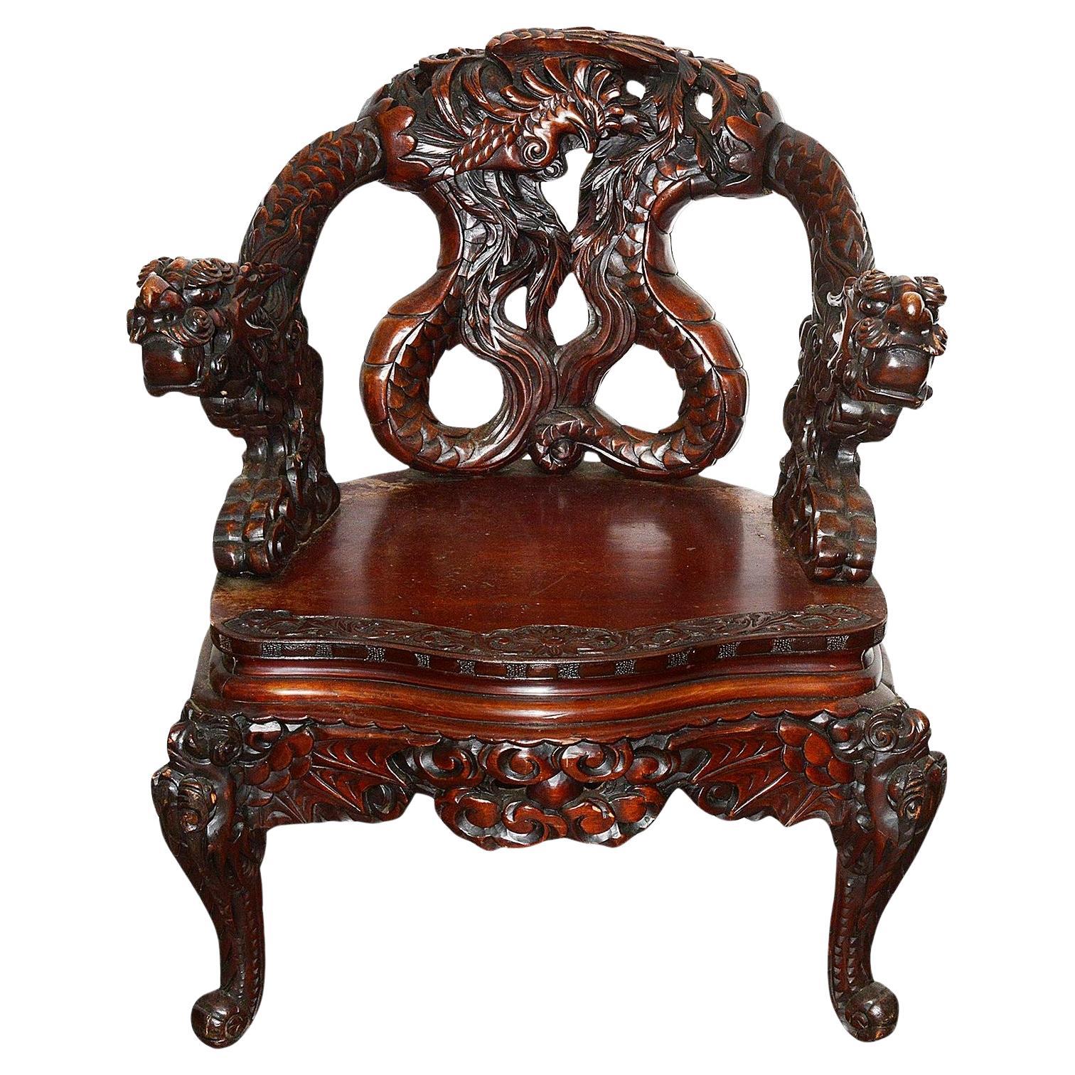 Late 19th Century Japanese carved wood arm chair For Sale