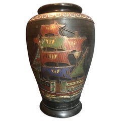 Late 19th Century Japanese Champlevé Bronze Enamel Vase, Ships Urn