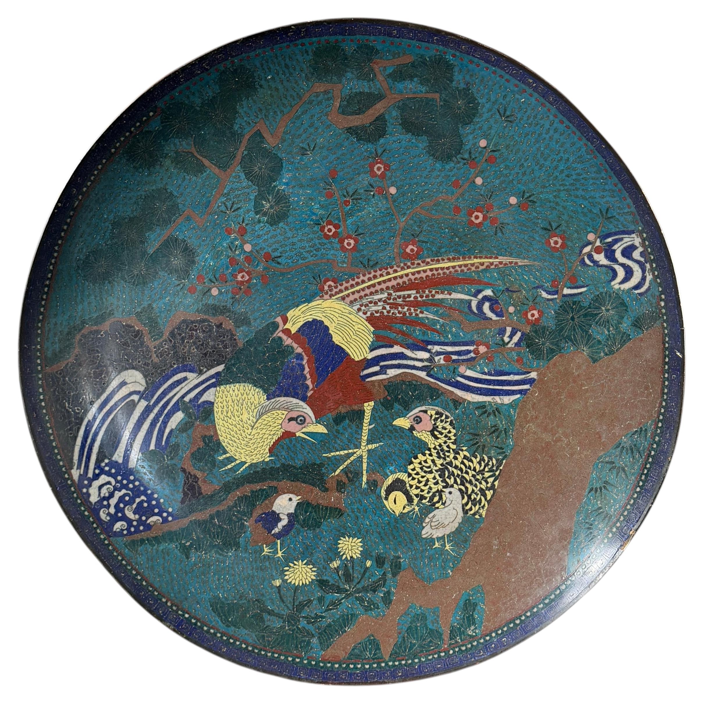 Late 19th Century Japanese Cloisonné Charger with Pheasant and Chicks - 19.3 in For Sale
