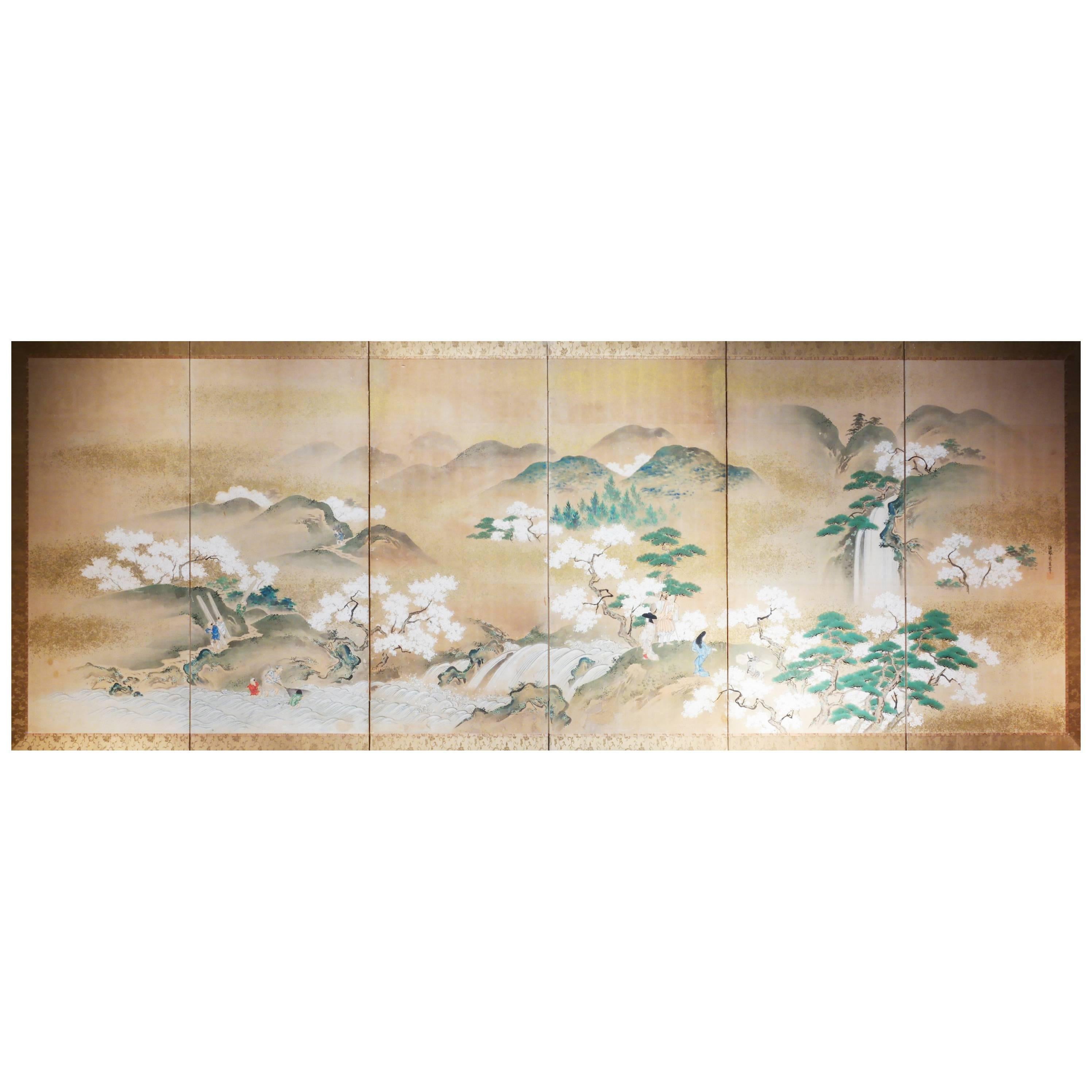 Late 19th Century, Japanese Folding Screen, Cherry Blossom Design, Edo Period For Sale