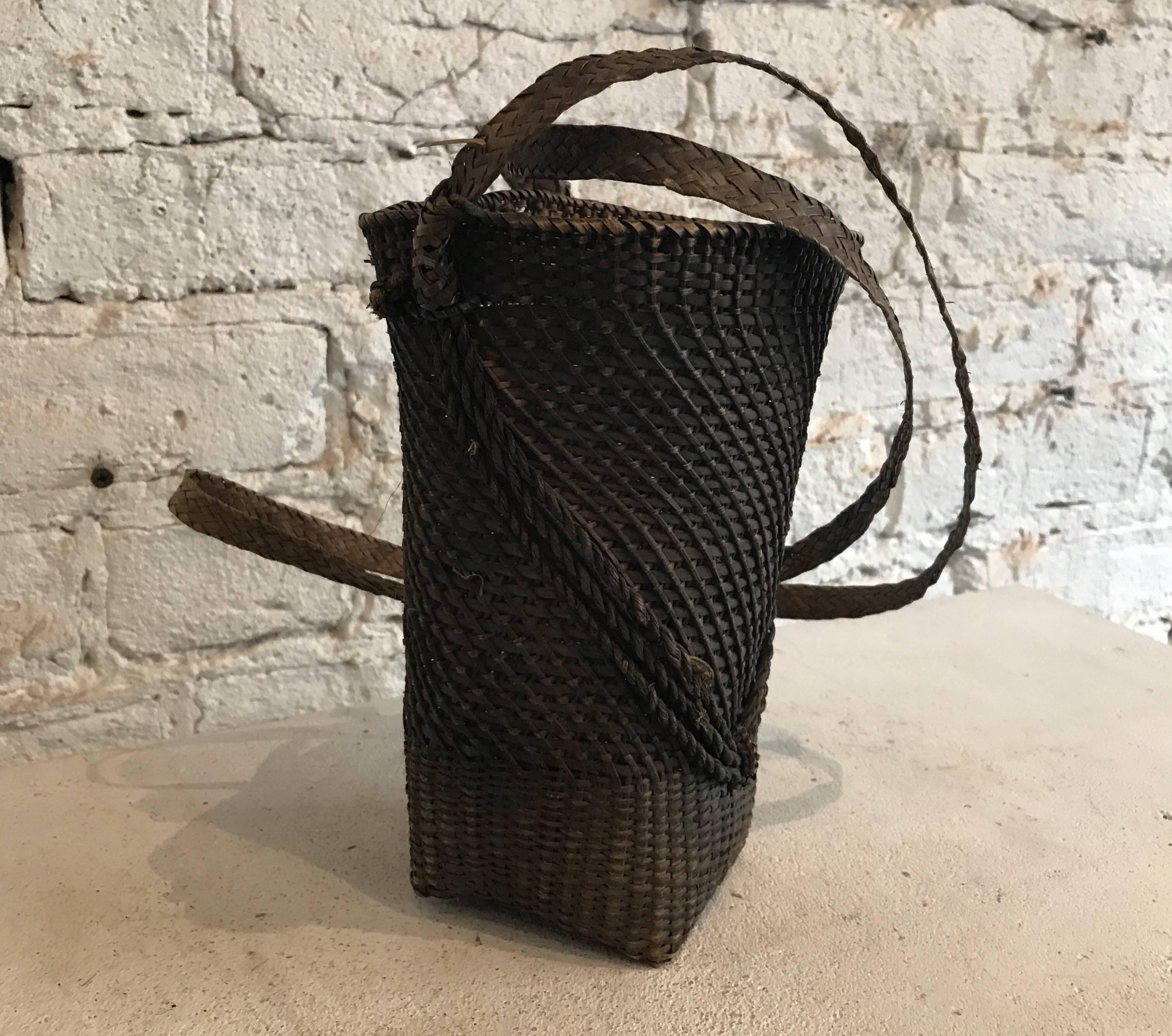 Late 19th Century Japanese Hand-Woven Basket with Woven Strap In Excellent Condition In Chicago, IL