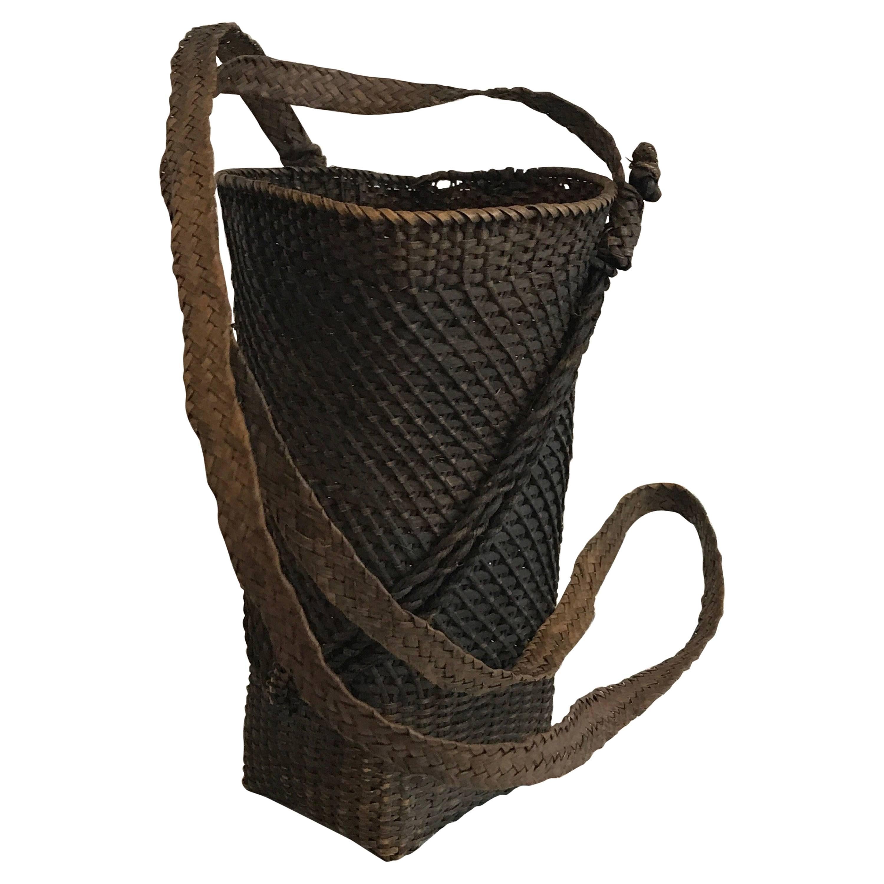 Late 19th Century Japanese Hand-Woven Basket with Woven Strap