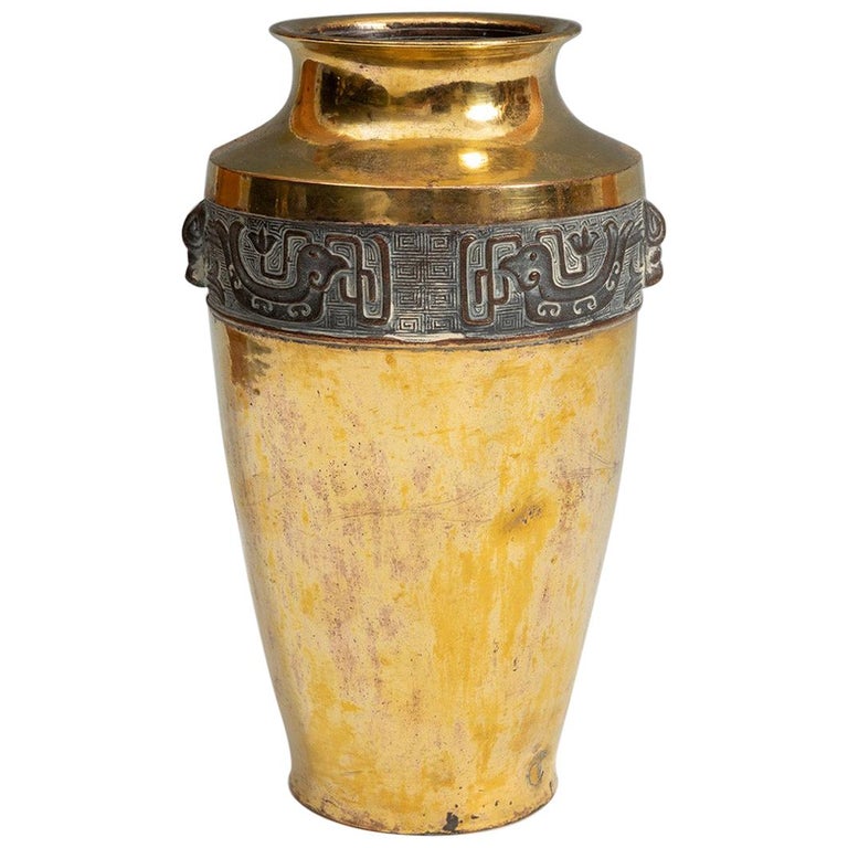 Late 19th Century Japanese Meiji Period Chiselled Gilt Bronze Edged Urn For Sale