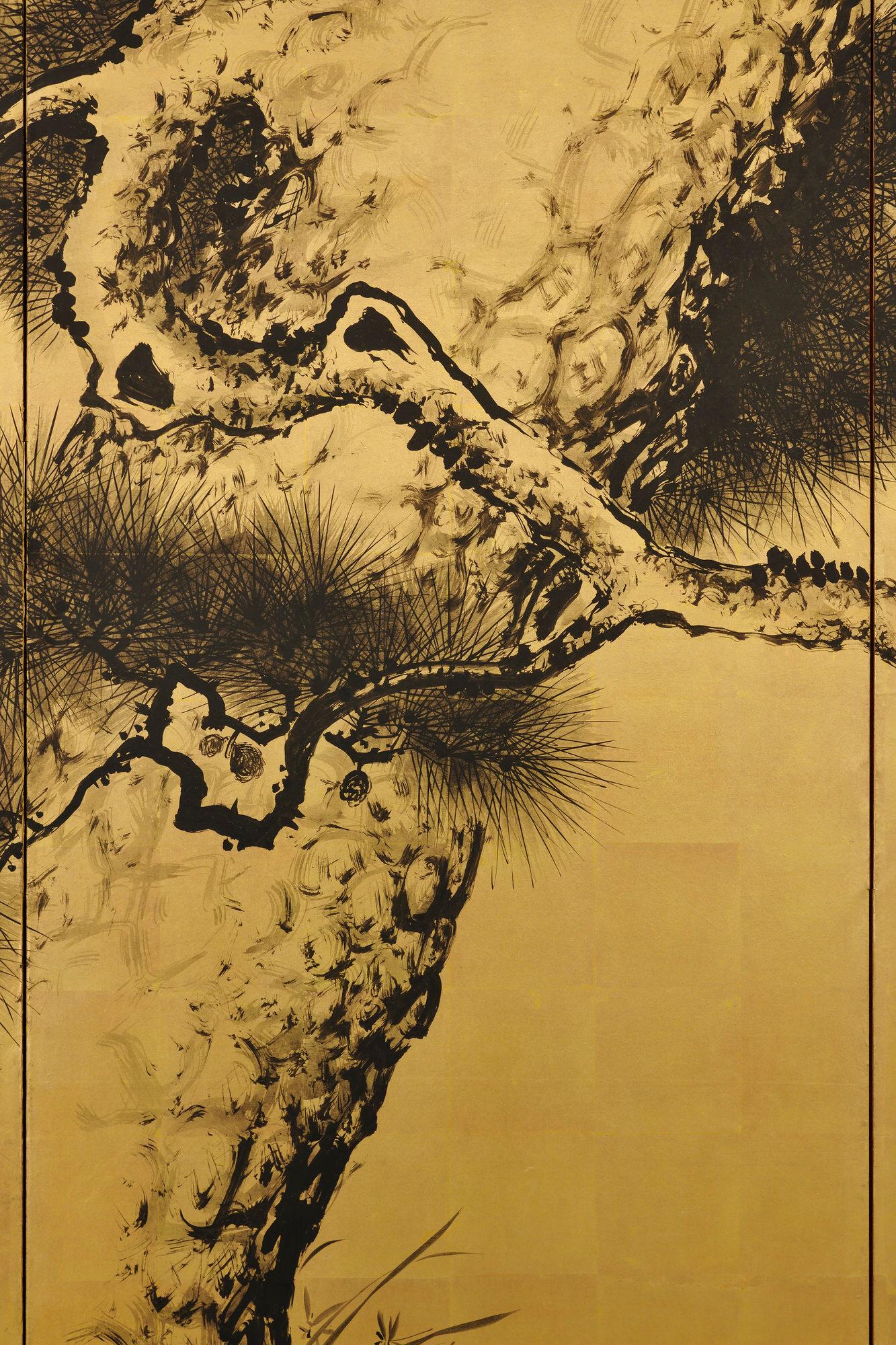 Japanese Screen pair. Late 19th Century. Ink Pine Trees on Gold by Suzuki Shonen For Sale 4