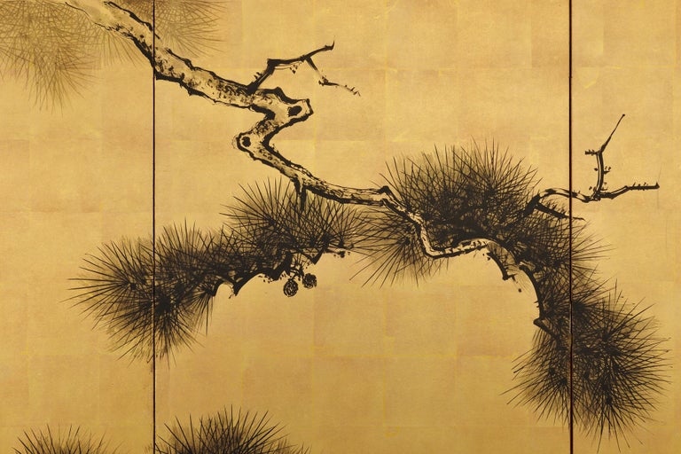 Japanese Screen pair. Late 19th Century. Ink Pine Trees on Gold by Suzuki Shonen For Sale 5