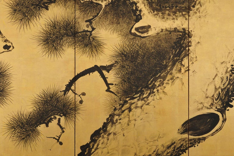 Hand-Painted Japanese Screen pair. Late 19th Century. Ink Pine Trees on Gold by Suzuki Shonen For Sale