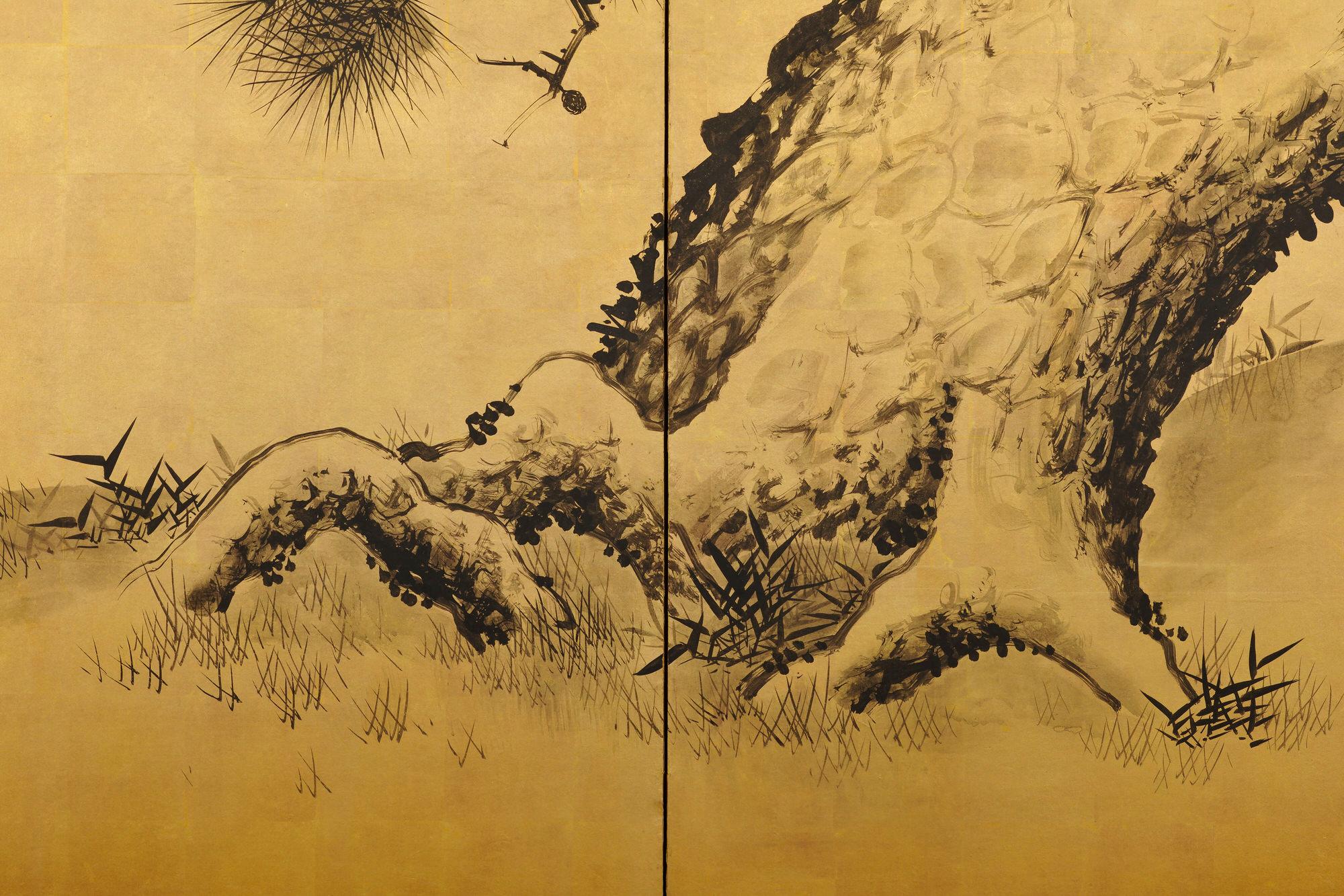 Japanese Screen pair. Late 19th Century. Ink Pine Trees on Gold by Suzuki Shonen In Good Condition For Sale In Kyoto, JP
