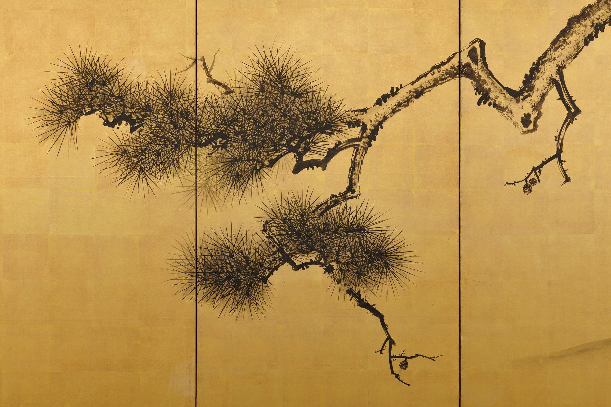 Japanisches Leinwandpaar. Ende des 19. Jahrhunderts. Tusche-Kiefernbäume auf Gold von Suzuki Shonen im Angebot 1
